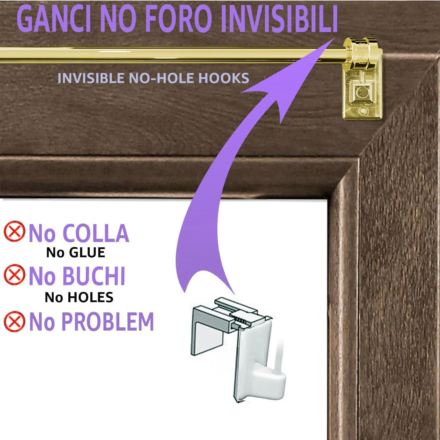 Byour3 Supporti per Tende Senza Forare, Gancetti Trasparenti Regolabili per Bastoni a Pressione 15-26mm, Oro Lucido, Set 4 pz - immagine 3
