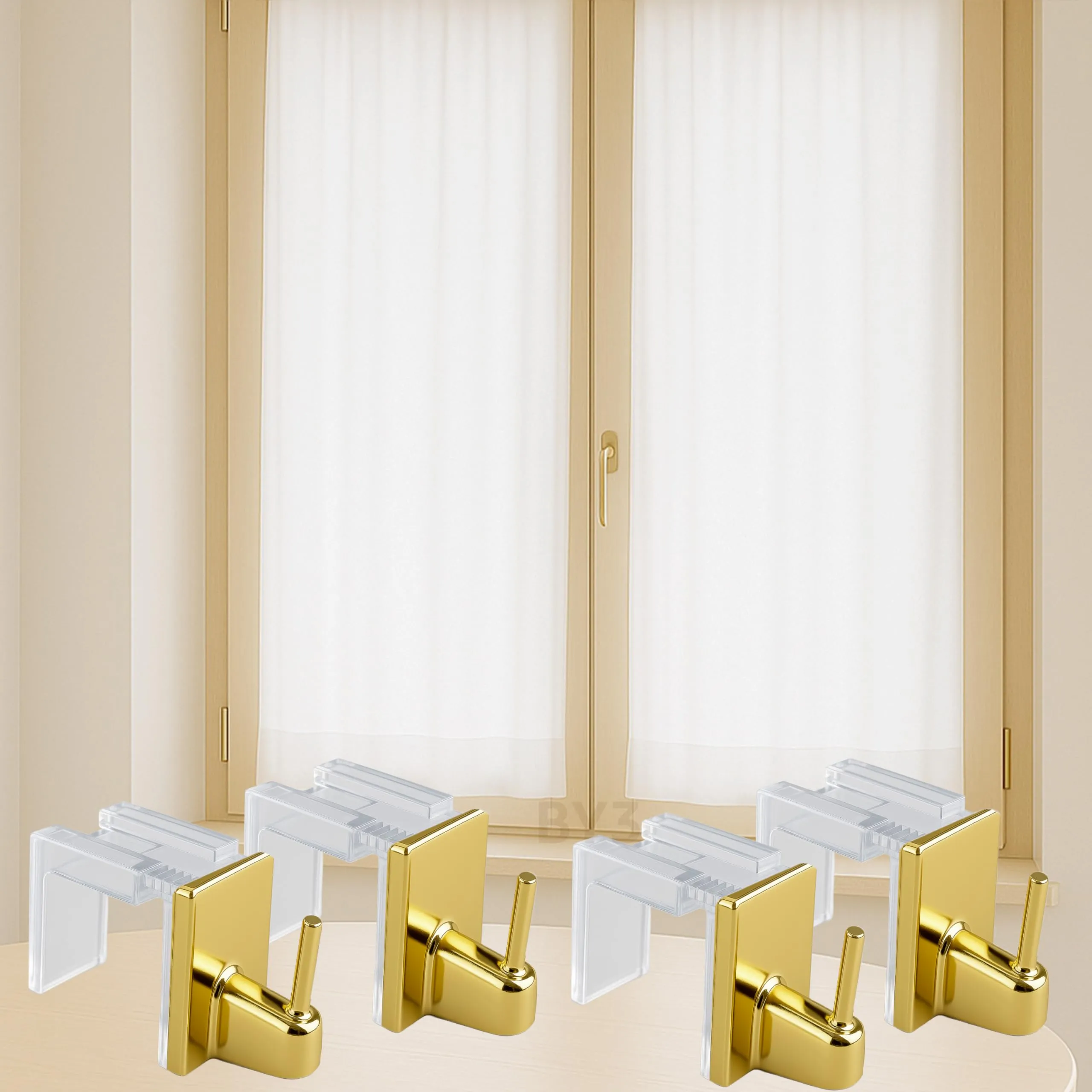 Byour3 Supporti per Tende Senza Forare, Gancetti Trasparenti Regolabili per Bastoni a Pressione 15-26mm, Oro Lucido, Set 4 pz - immagine 5