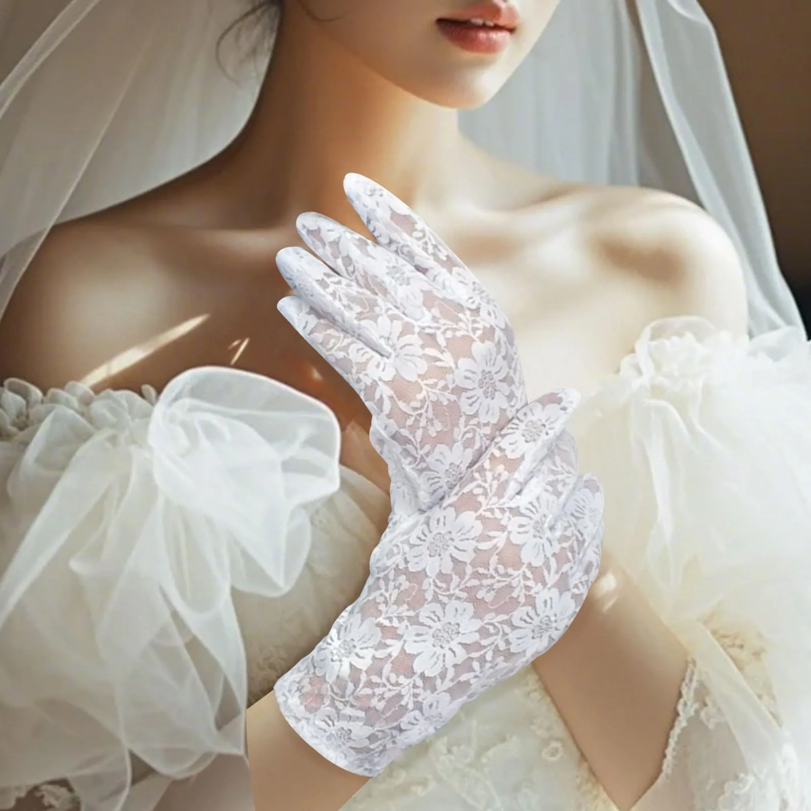 Andiker Guanti Corti in Pizzo da Donna, Bianco, Taglia unica - immagine 4
