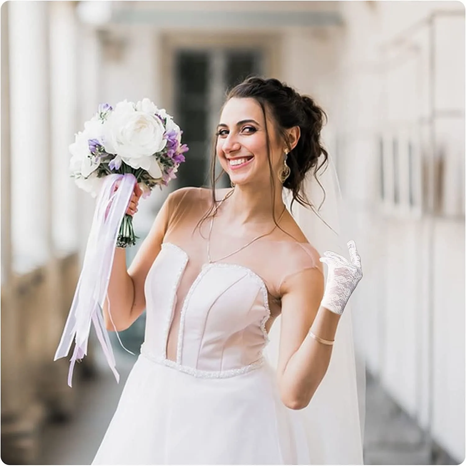 Andiker Guanti Corti in Pizzo da Donna, Bianco, Taglia unica - immagine 5