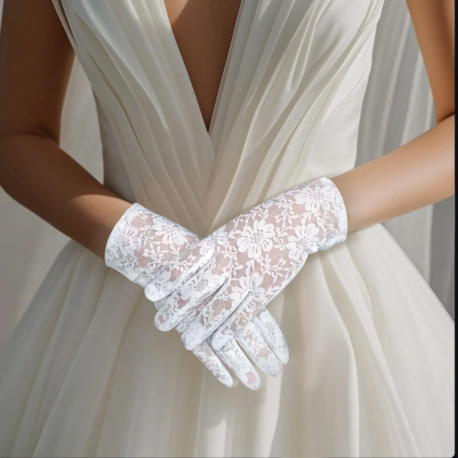 Andiker Guanti Corti in Pizzo da Donna, Bianco, Taglia unica - immagine 6