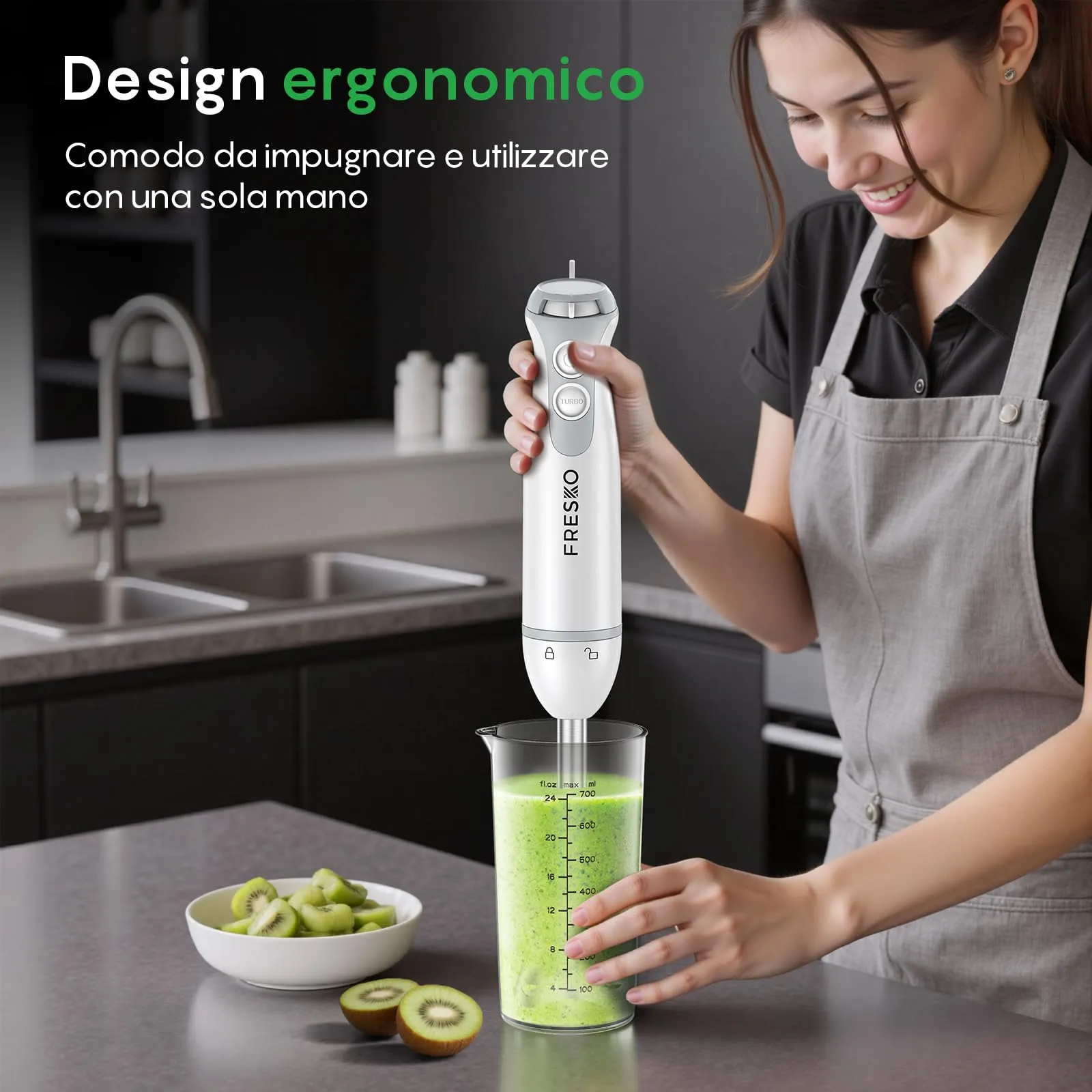 Fresko Frullatore a Immersione 4-in-1, 1000W, Acciaio Inox 304, Bianco - immagine 3