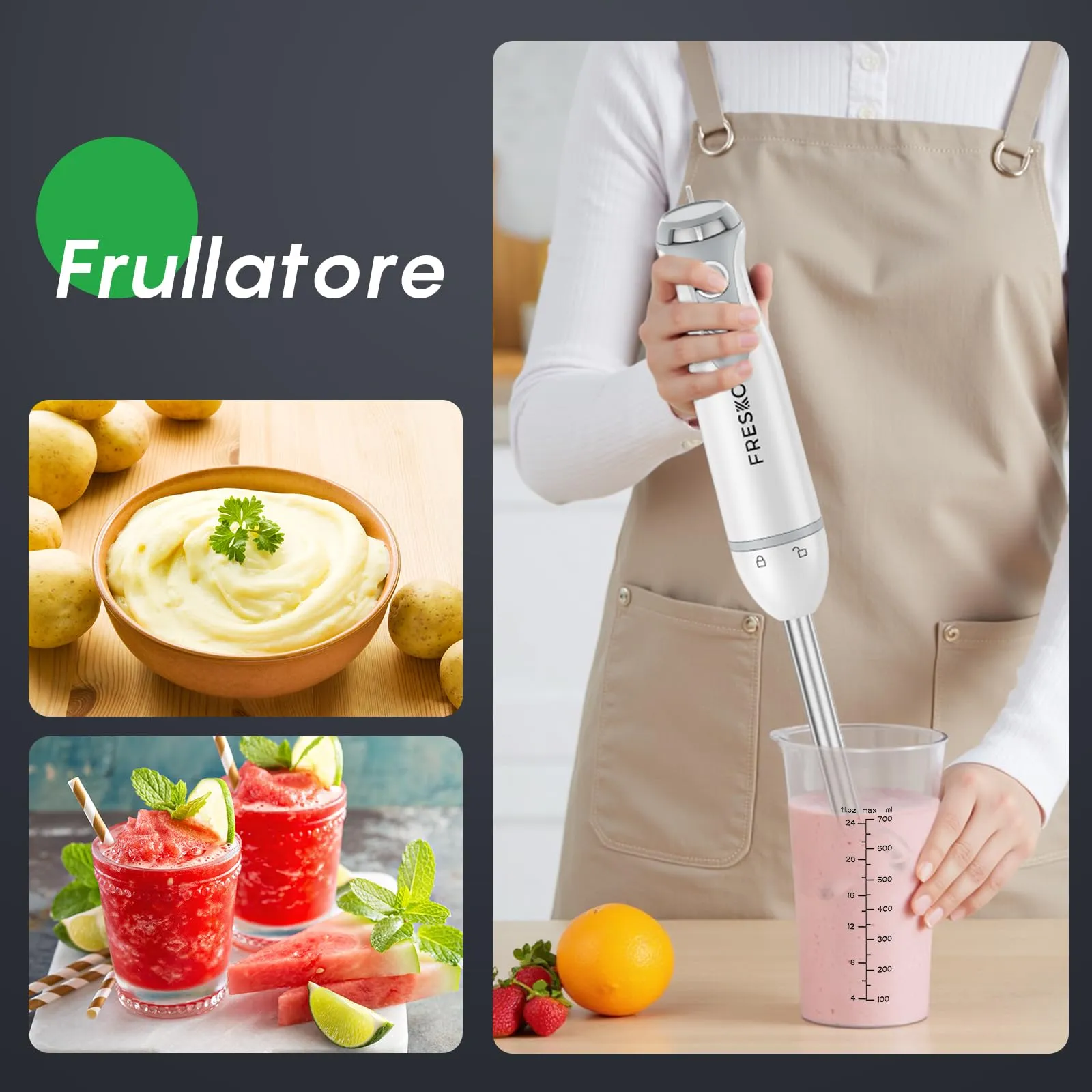 Fresko Frullatore a Immersione 4-in-1, 1000W, Acciaio Inox 304, Bianco - immagine 6