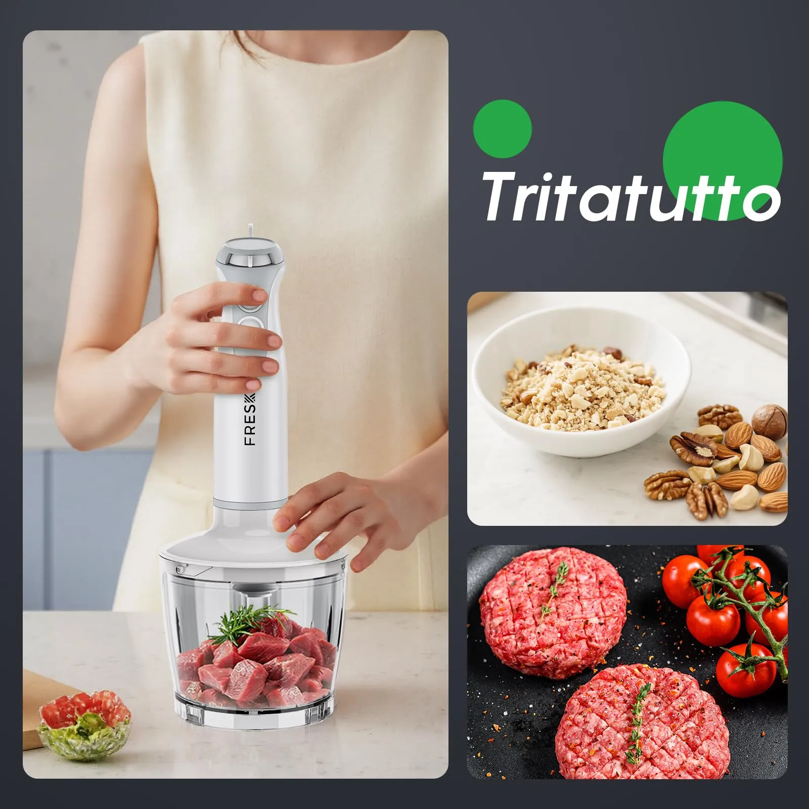 Fresko Frullatore a Immersione 4-in-1, 1000W, Acciaio Inox 304, Bianco - immagine 8
