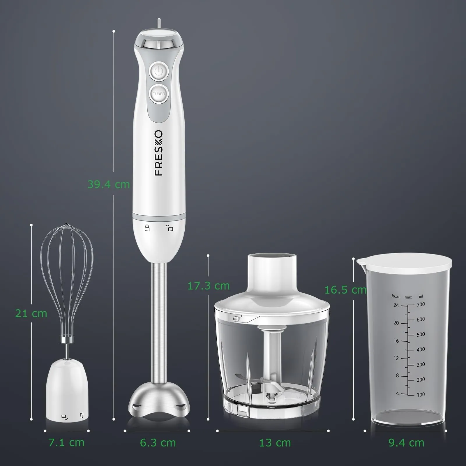 Fresko Frullatore a Immersione 4-in-1, 1000W, Acciaio Inox 304, Bianco - immagine 9