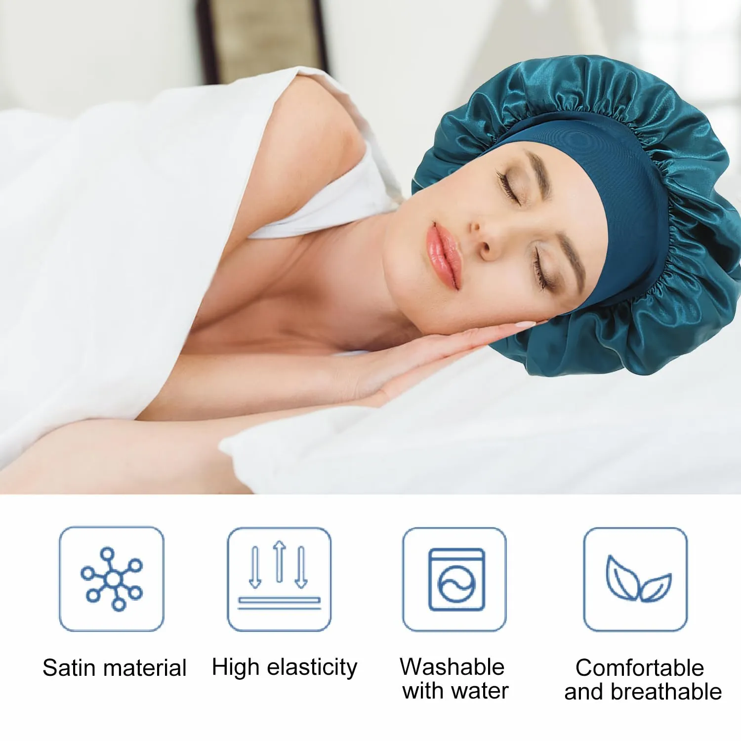 iLamvie Cuffia in Seta per Capelli Ricci, Berretto da Notte in Raso Elastico (Blu Kong) - immagine 2
