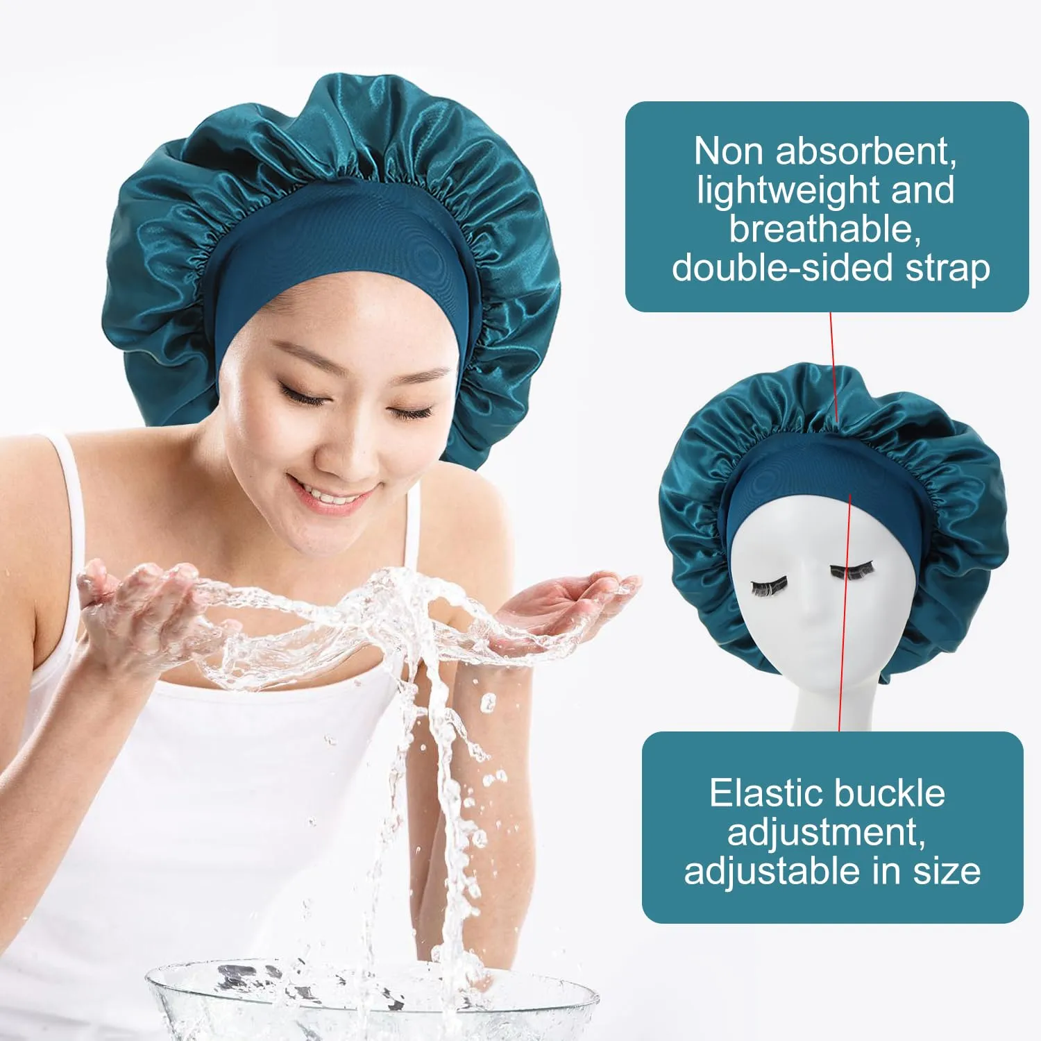 iLamvie Cuffia in Seta per Capelli Ricci, Berretto da Notte in Raso Elastico (Blu Kong) - immagine 3