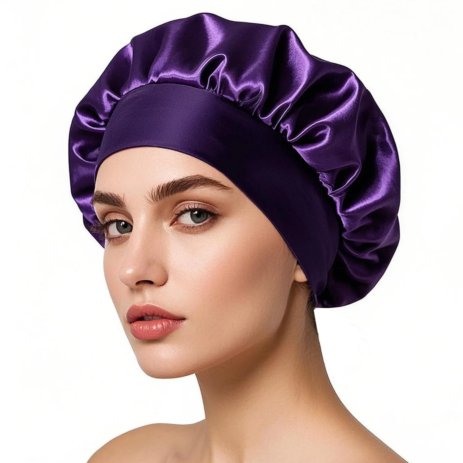 iLamvie Cuffia in Seta per Capelli Ricci, Berretto da Notte in Raso Elastico (Viola intenso) - immagine 1