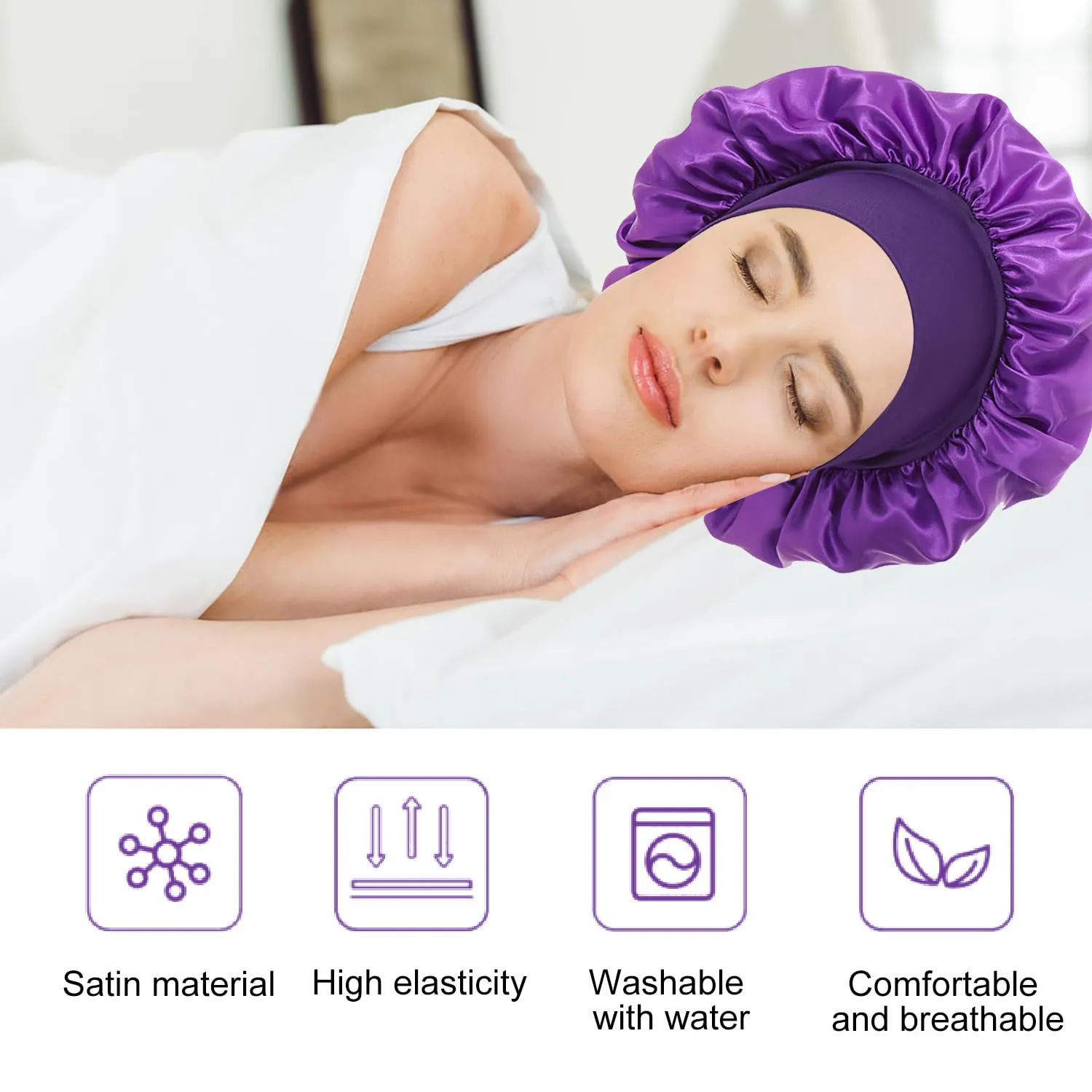 iLamvie Cuffia in Seta per Capelli Ricci, Berretto da Notte in Raso Elastico (Viola intenso) - immagine 2