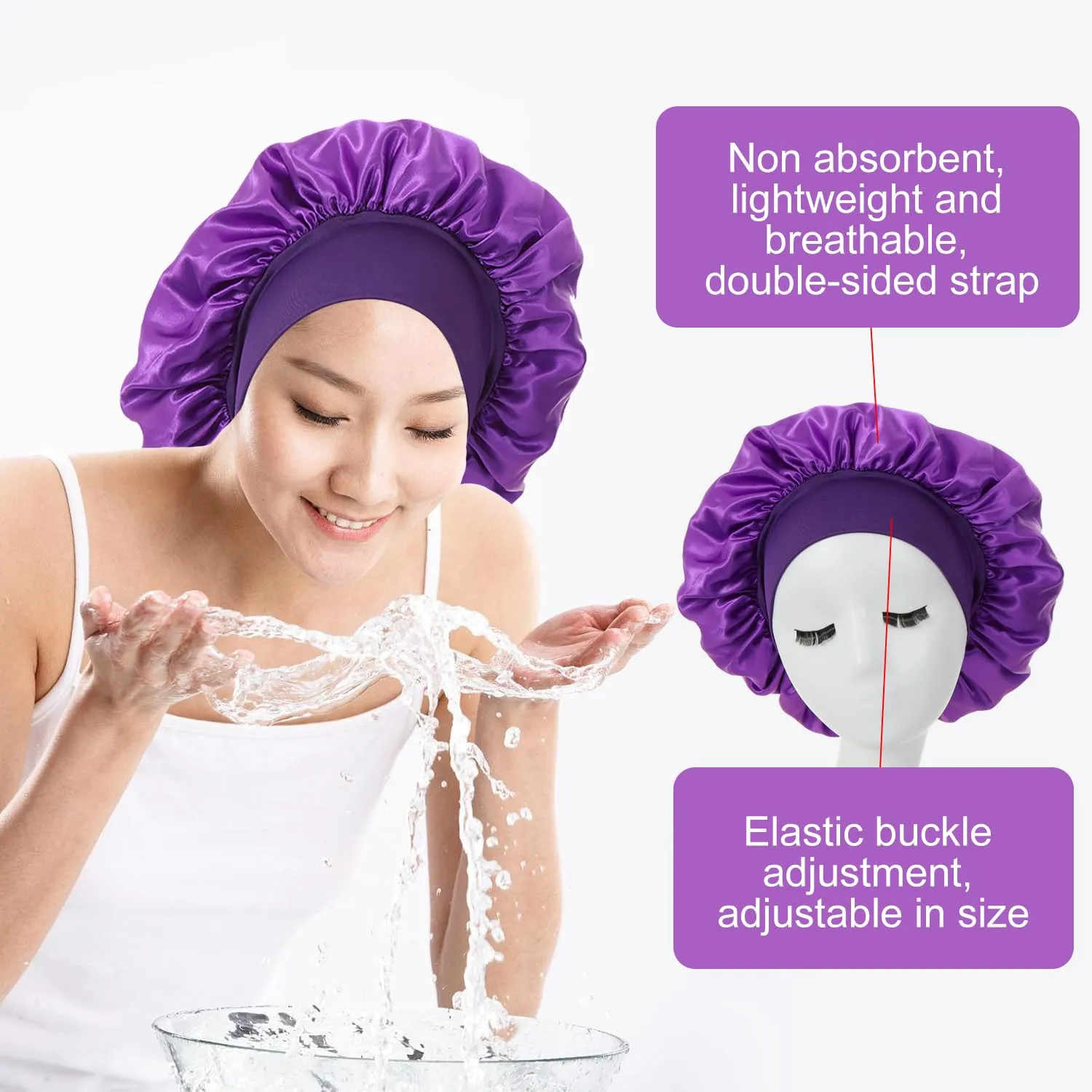 iLamvie Cuffia in Seta per Capelli Ricci, Berretto da Notte in Raso Elastico (Viola intenso) - immagine 3