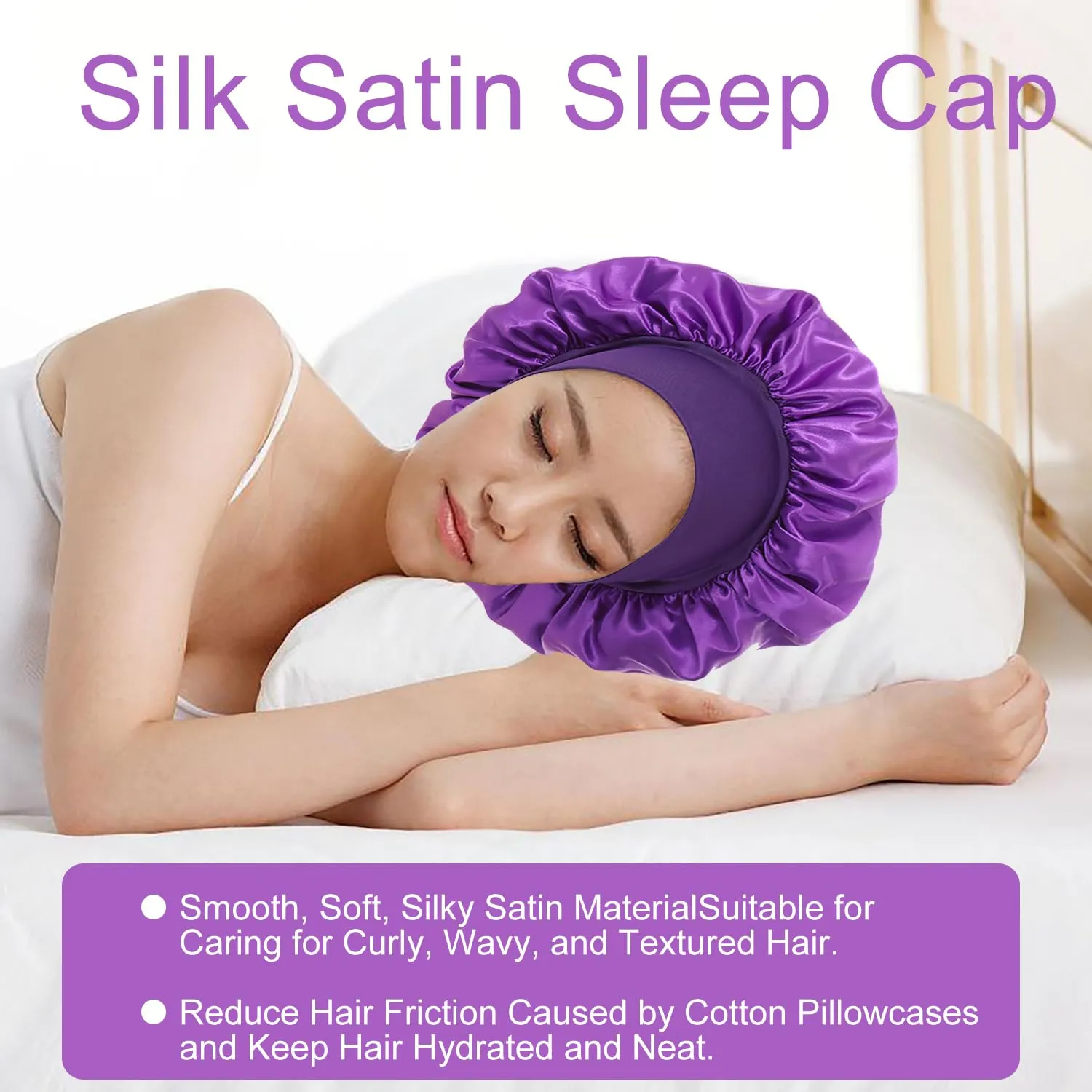 iLamvie Cuffia in Seta per Capelli Ricci, Berretto da Notte in Raso Elastico (Viola intenso) - immagine 4