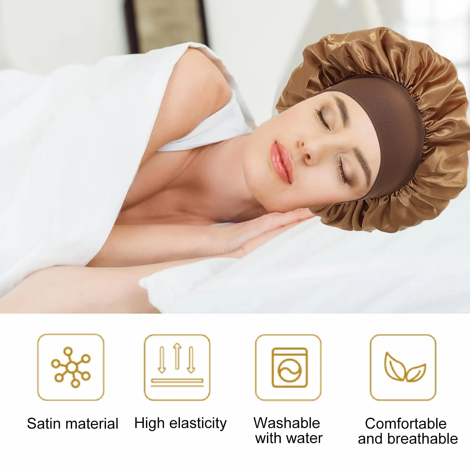 iLamvie Cuffia in Seta per Capelli Ricci, Berretto da Notte in Raso Elastico per Donna (Oro) - immagine 6