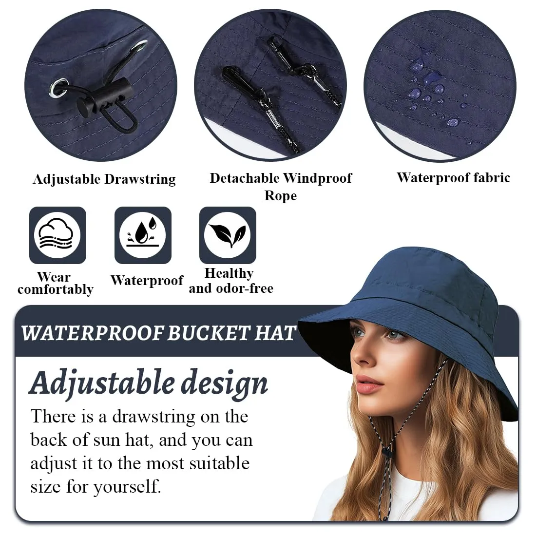 AIYVELU Cappello Donna Estivo Bucket Hat Pescatore Antipioggia Protezione Solare Traspirante (Marina Militare) - immagine 3