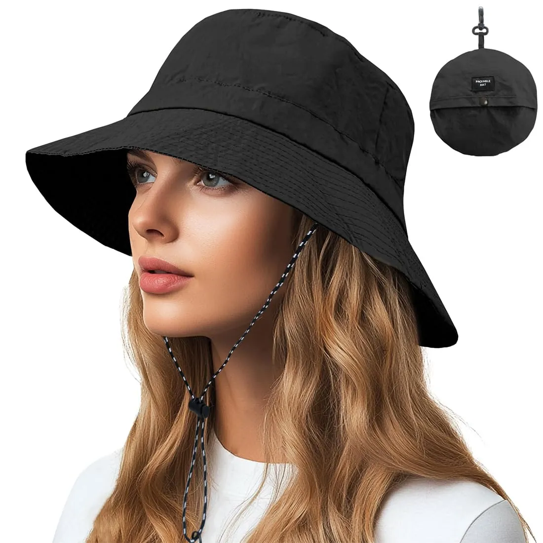 AIYVELU Cappello Bucket Hat Donna Estivo Antipioggia e Protezione Solare, Pieghevole e Traspirante (Nero) - immagine 1