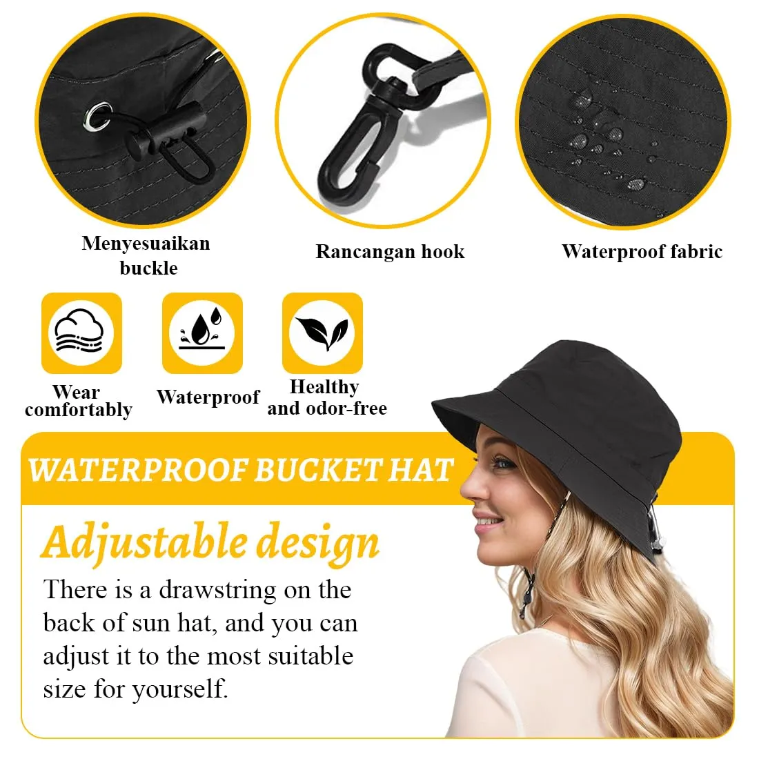 AIYVELU Cappello Bucket Hat Donna Estivo Antipioggia e Protezione Solare, Pieghevole e Traspirante (Nero) - immagine 3
