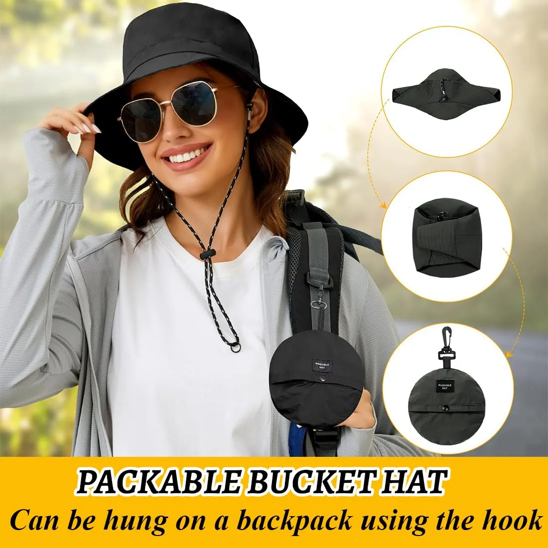 AIYVELU Cappello Bucket Hat Donna Estivo Antipioggia e Protezione Solare, Pieghevole e Traspirante (Nero) - immagine 4