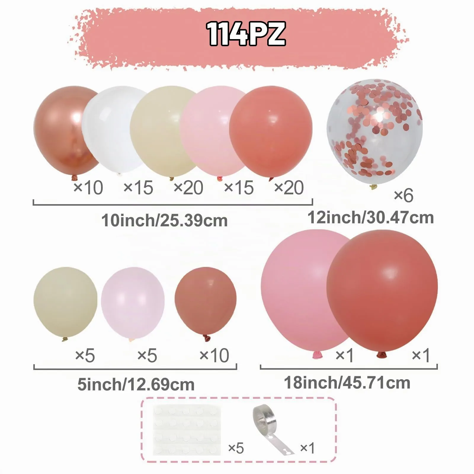 Frigg Kit Arco Palloncini Rosa Retrò, 114 Pezzi, Rosa Pastello, Beige, Bianco e Rosa Gold - immagine 2