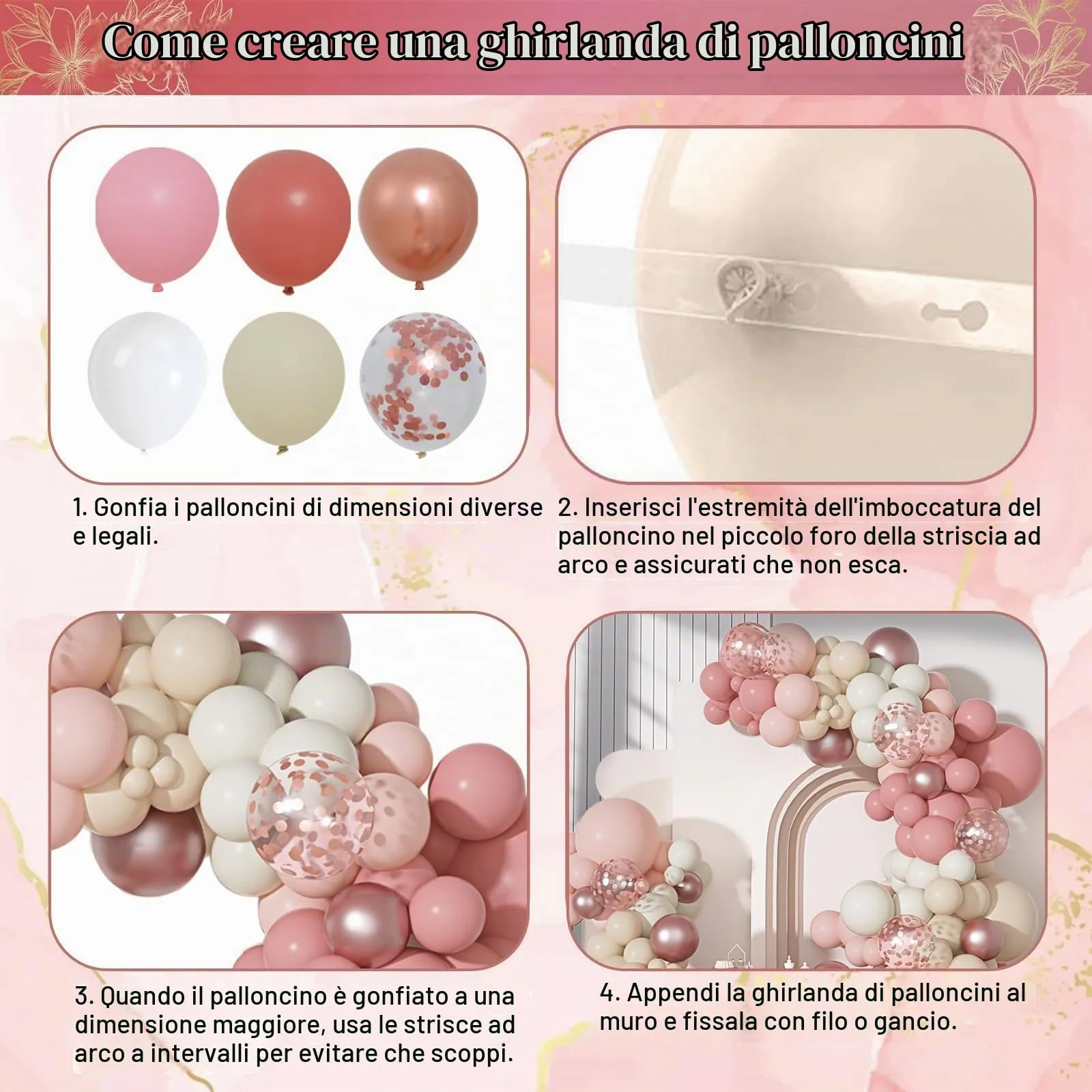 Frigg Kit Arco Palloncini Rosa Retrò, 114 Pezzi, Rosa Pastello, Beige, Bianco e Rosa Gold - immagine 6