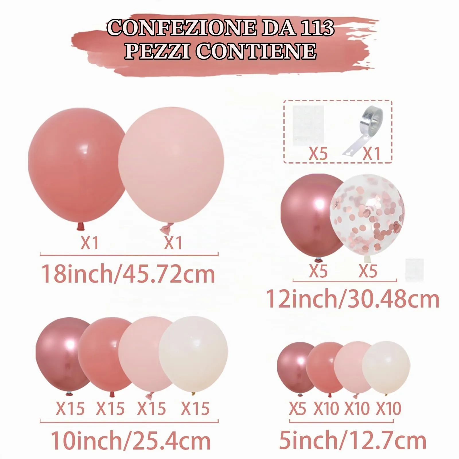Frigg Kit Arco Ghirlanda Palloncini Rosa Nudo e Rose Retrò, 114 Pezzi - immagine 2