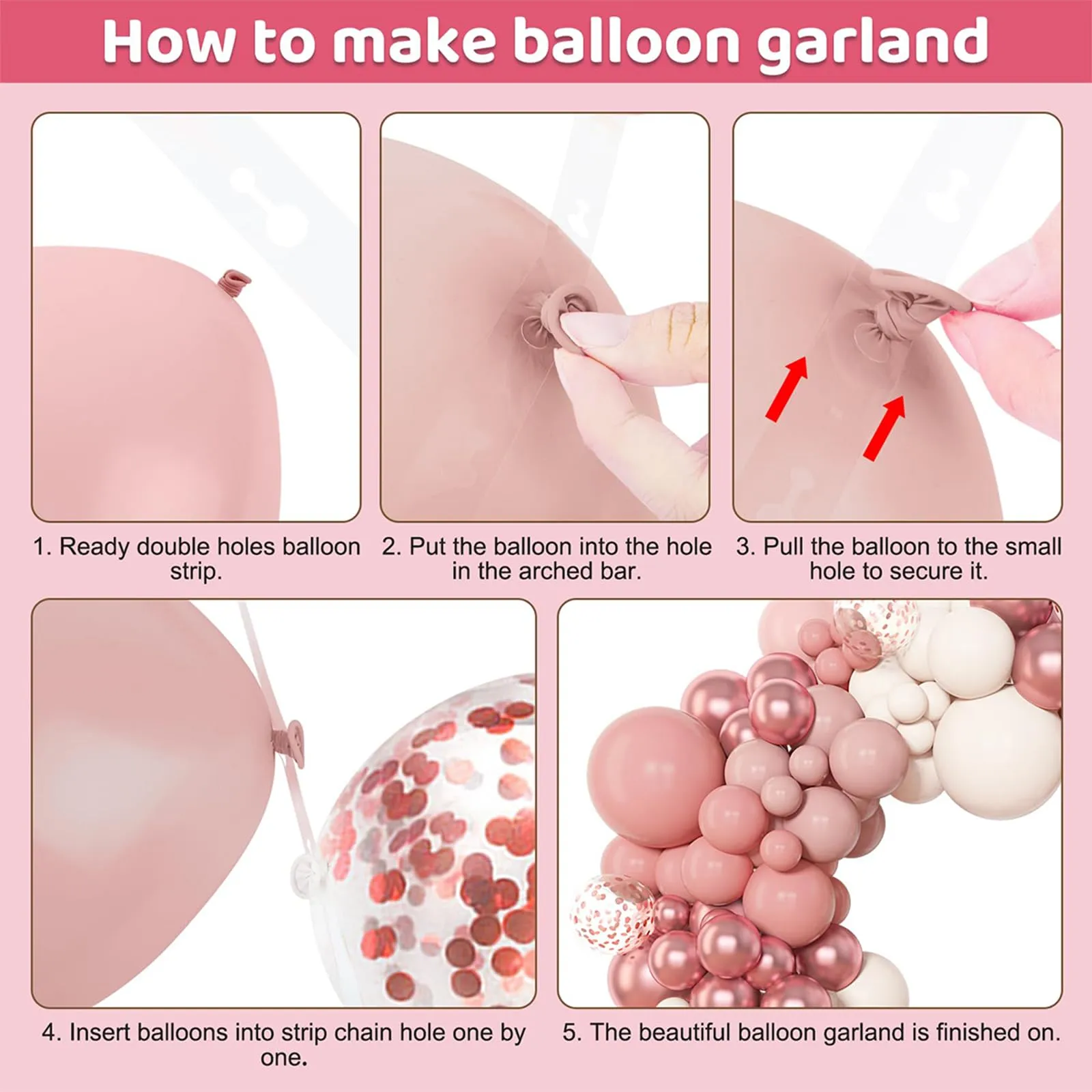 Frigg Kit Arco Ghirlanda Palloncini Rosa Nudo e Rose Retrò, 114 Pezzi - immagine 6