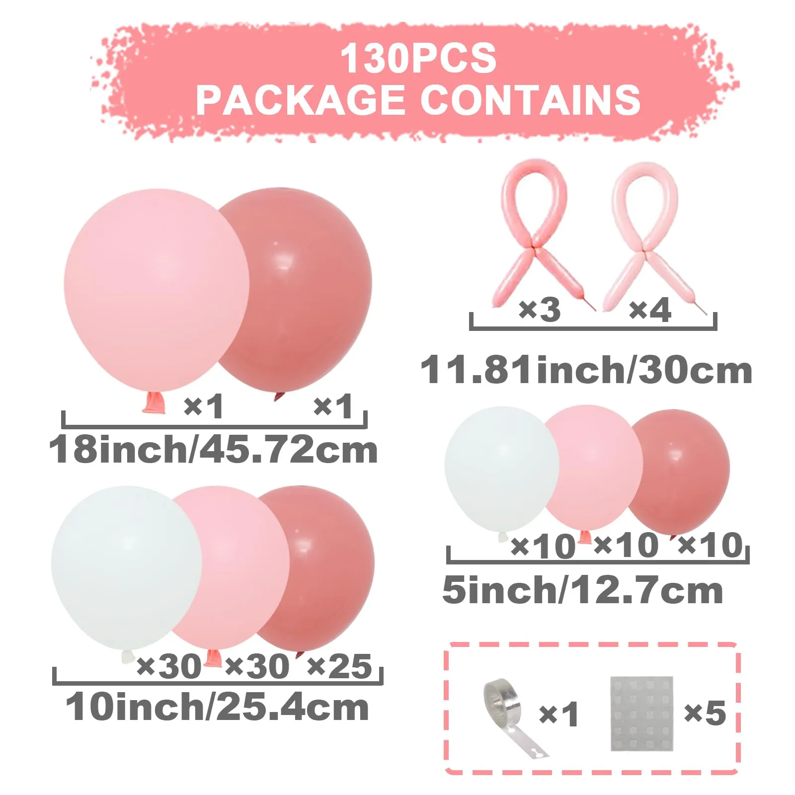 fairymaiden Kit Arco di Palloncini Rosa e Bianchi, 130 Pezzi per Compleanno, Battesimo, Matrimonio e Baby Shower - immagine 2