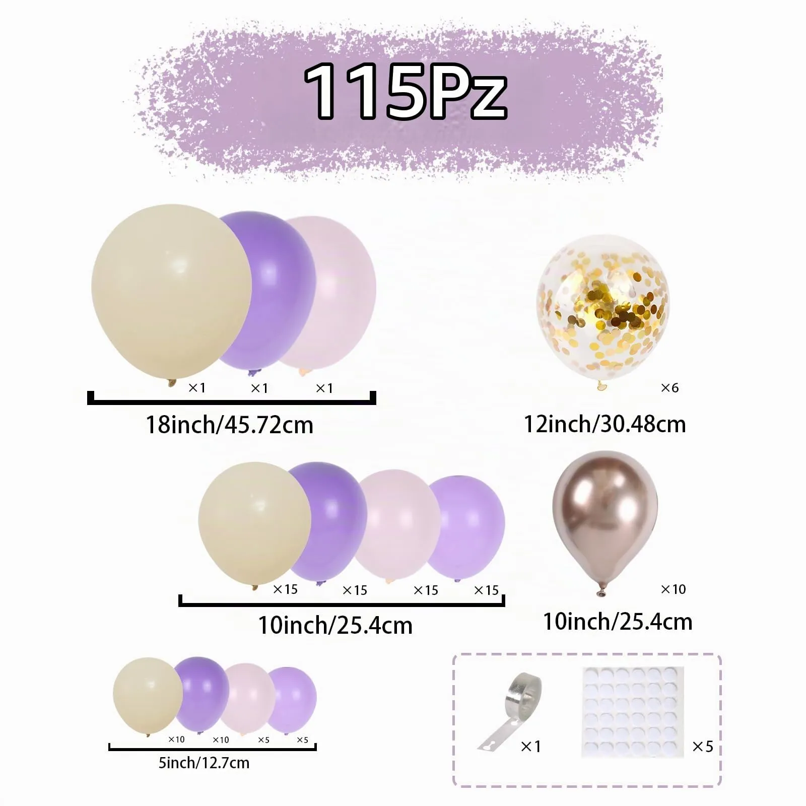 fairymaiden Kit Arco Palloncini Lilla, Rosa Pastello e Oro, 115 pezzi - immagine 2