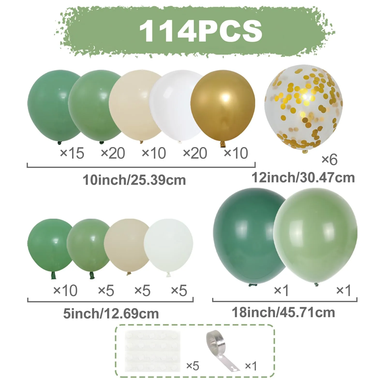 fairymaiden Kit Arco Palloncini Verde Salvia, 114 Pezzi, Verde Oro e Bianco - immagine 2