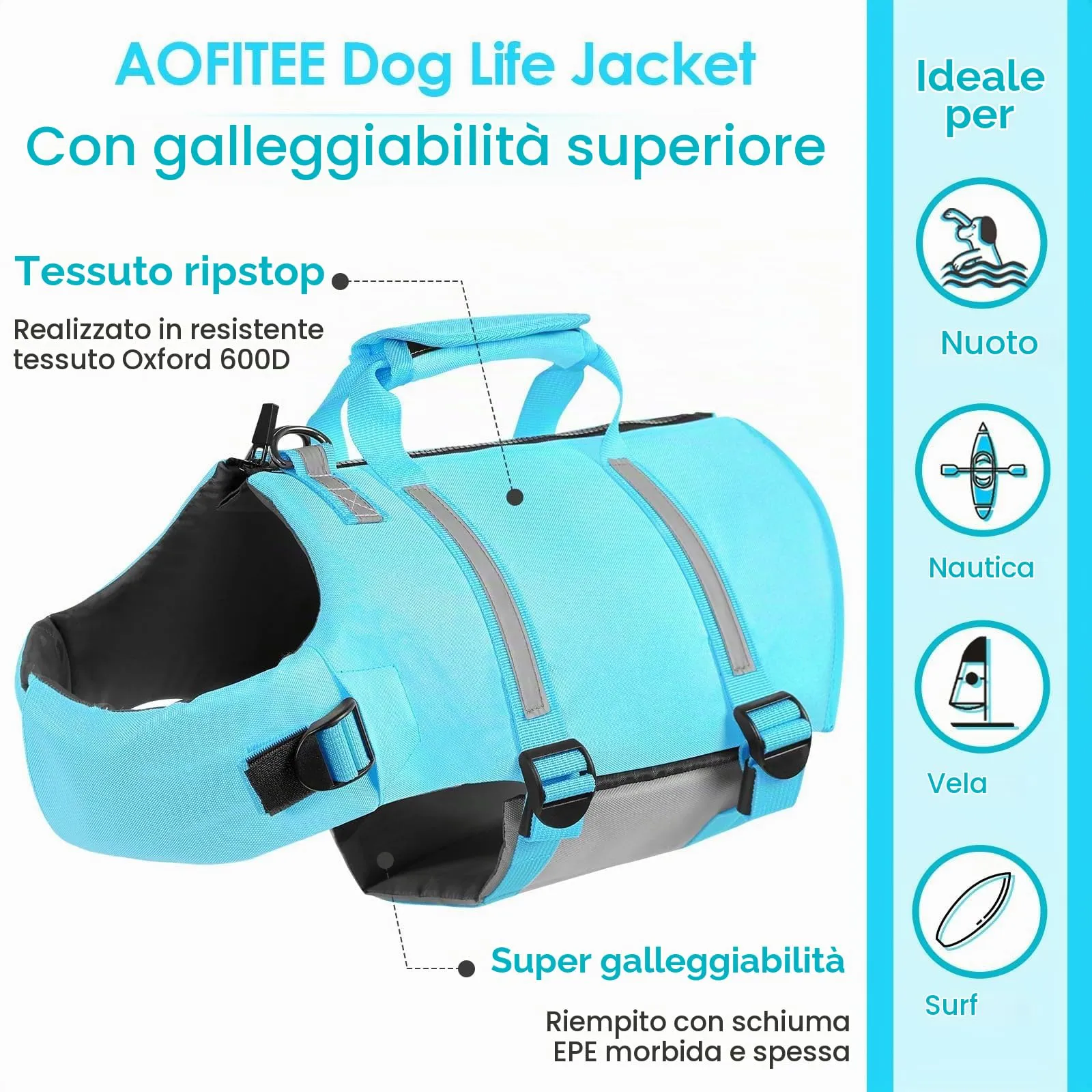 AOFITEE Giubbotto Salvagente per Cani, Blu, M - immagine 3