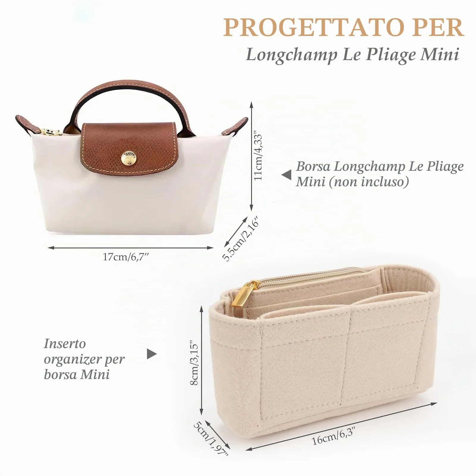 ZOLGINAH Organizer in feltro per Longchamp Le Pliage Mini con tasche multifunzionali - immagine 2