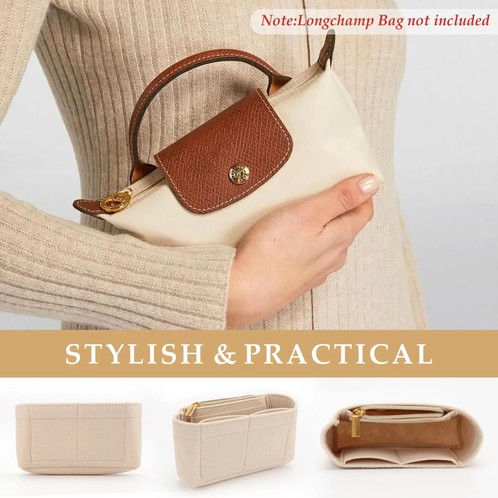 ZOLGINAH Organizer in feltro per Longchamp Le Pliage Mini con tasche multifunzionali - immagine 5