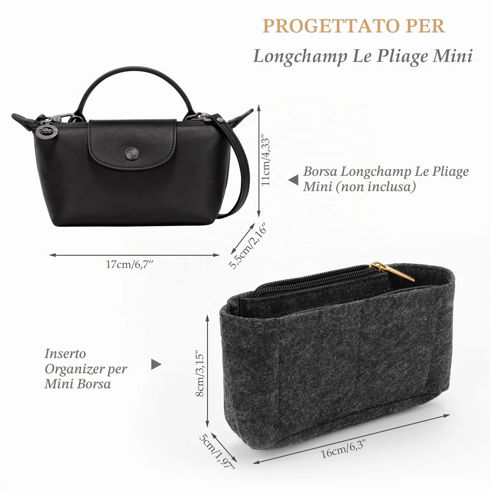 ZOLGINAH Organizer in Feltro per Longchamp Le Pliage, Mini, Grigio Scuro - immagine 2