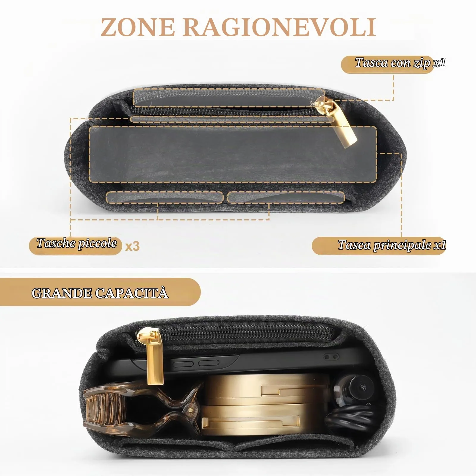 ZOLGINAH Organizer in Feltro per Longchamp Le Pliage, Mini, Grigio Scuro - immagine 4