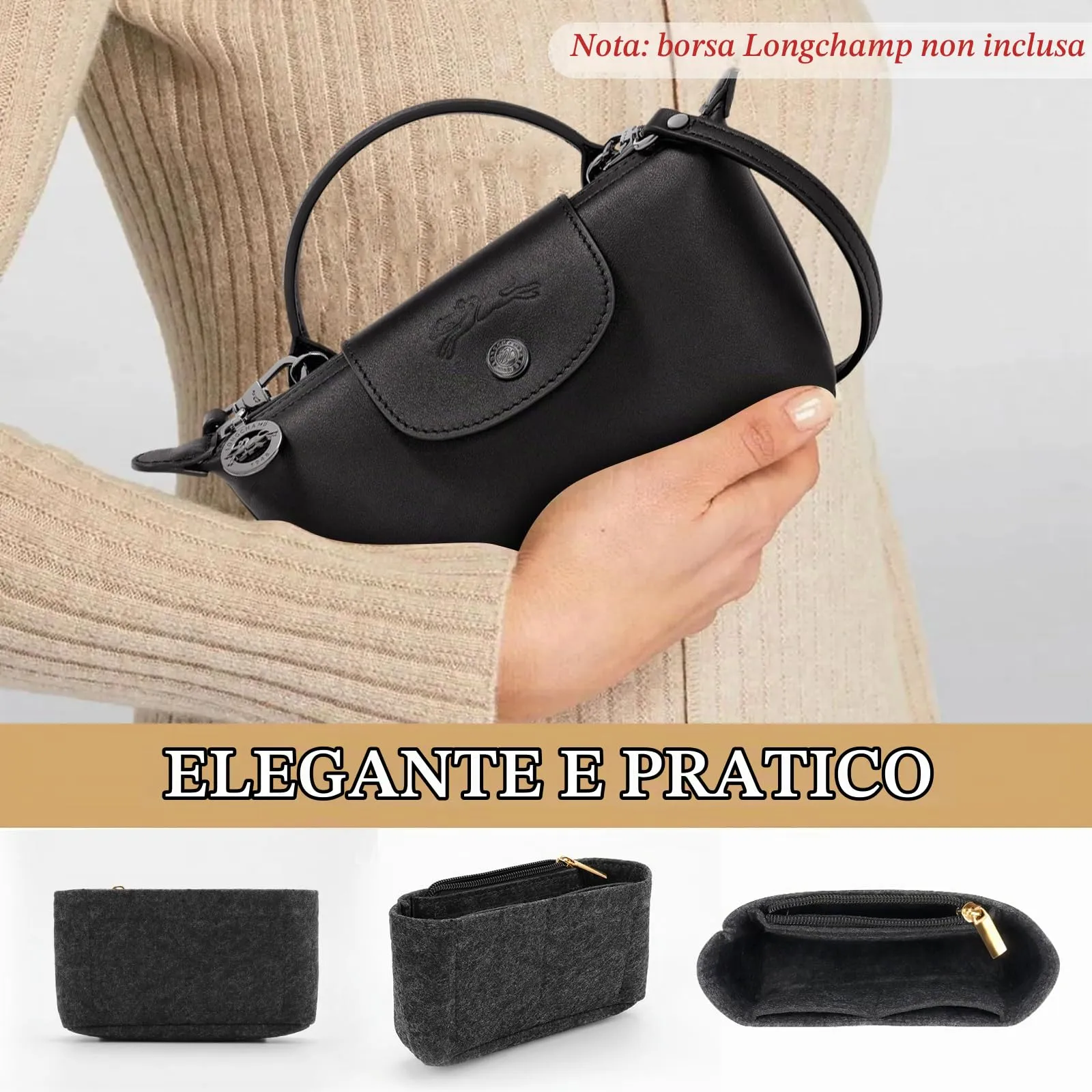 ZOLGINAH Organizer in Feltro per Longchamp Le Pliage, Mini, Grigio Scuro - immagine 5