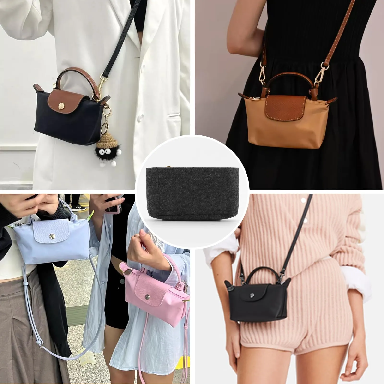 ZOLGINAH Organizer in Feltro per Longchamp Le Pliage, Mini, Grigio Scuro - immagine 7