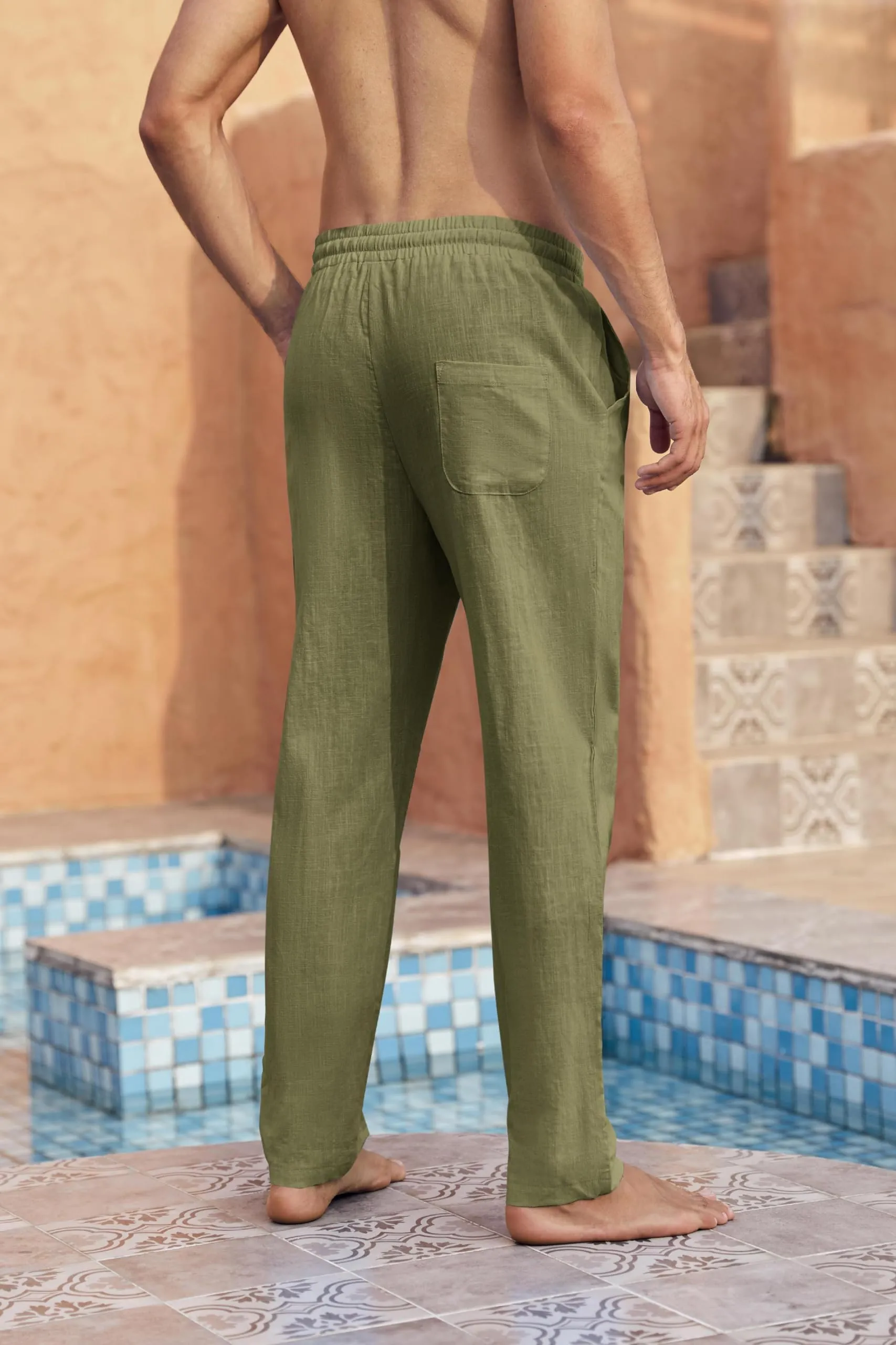 Runcati Pantaloni da Uomo in Lino e Cotone, Taglio Largo con Coulisse, Verde, S - immagine 4