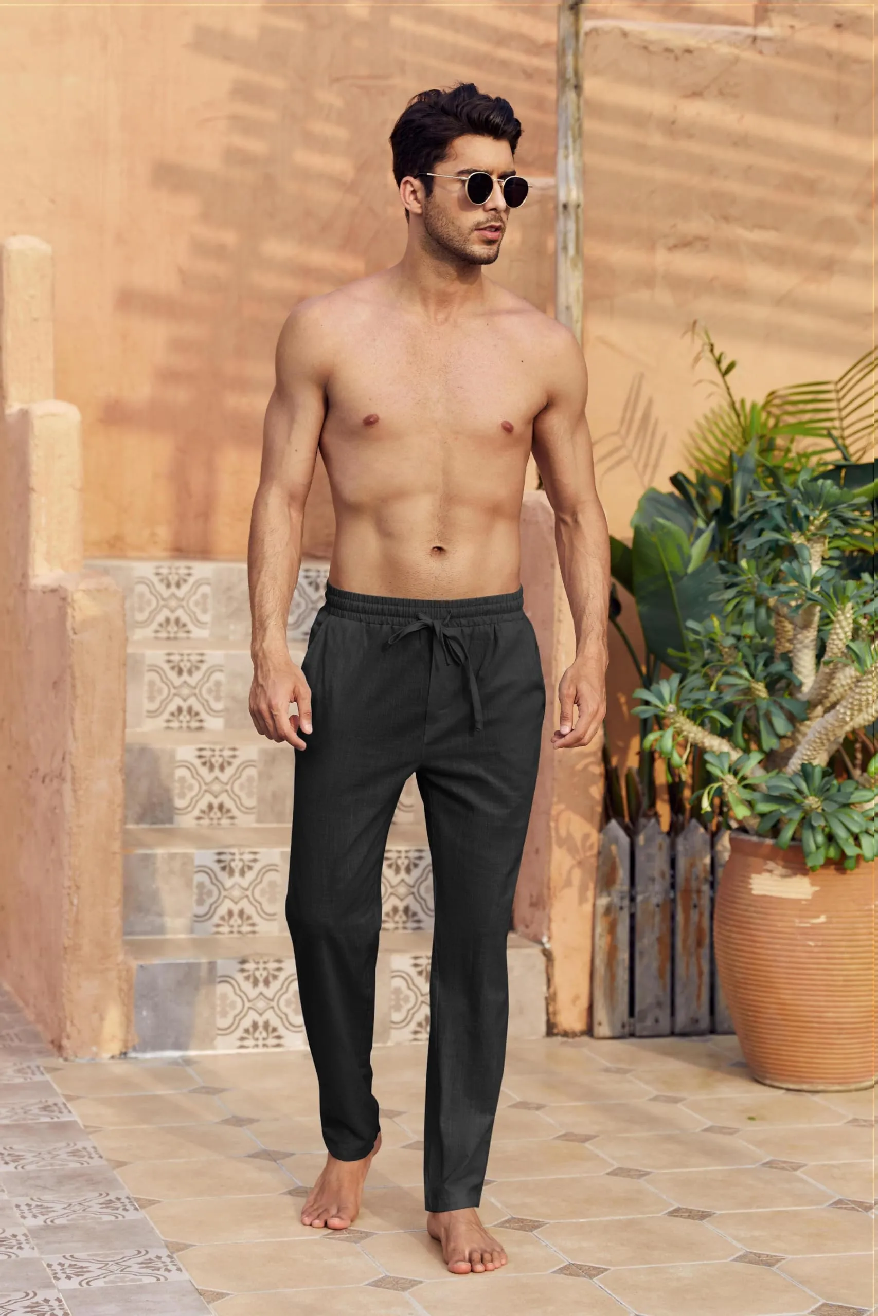 Runcati Pantaloni da Uomo in Lino e Cotone, Taglio Largo con Coulisse, Nero, S - immagine 3