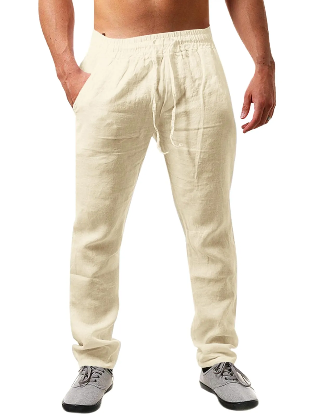 Runcati Pantaloni da Uomo in Lino e Cotone, Taglio Largo con Coulisse, Beige, S - immagine 1