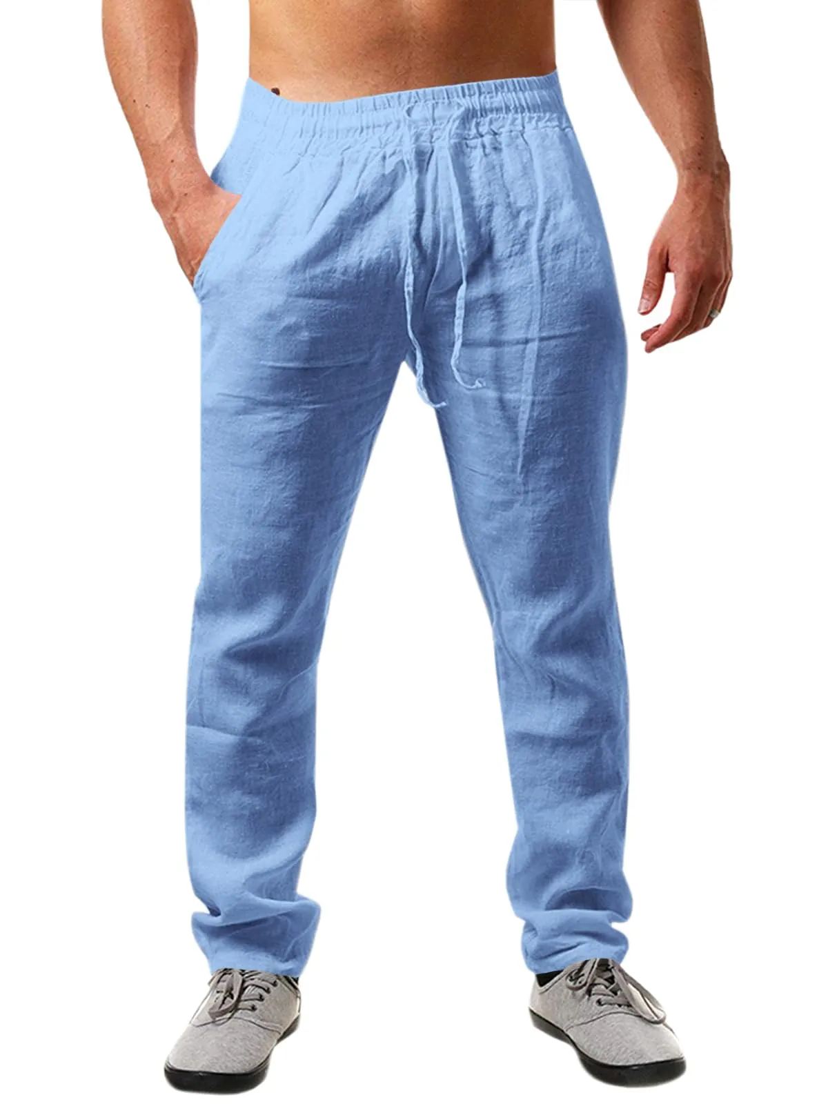 Runcati Pantaloni da Uomo in Lino e Cotone, Taglio Largo con Coulisse, Blu, S - immagine 1