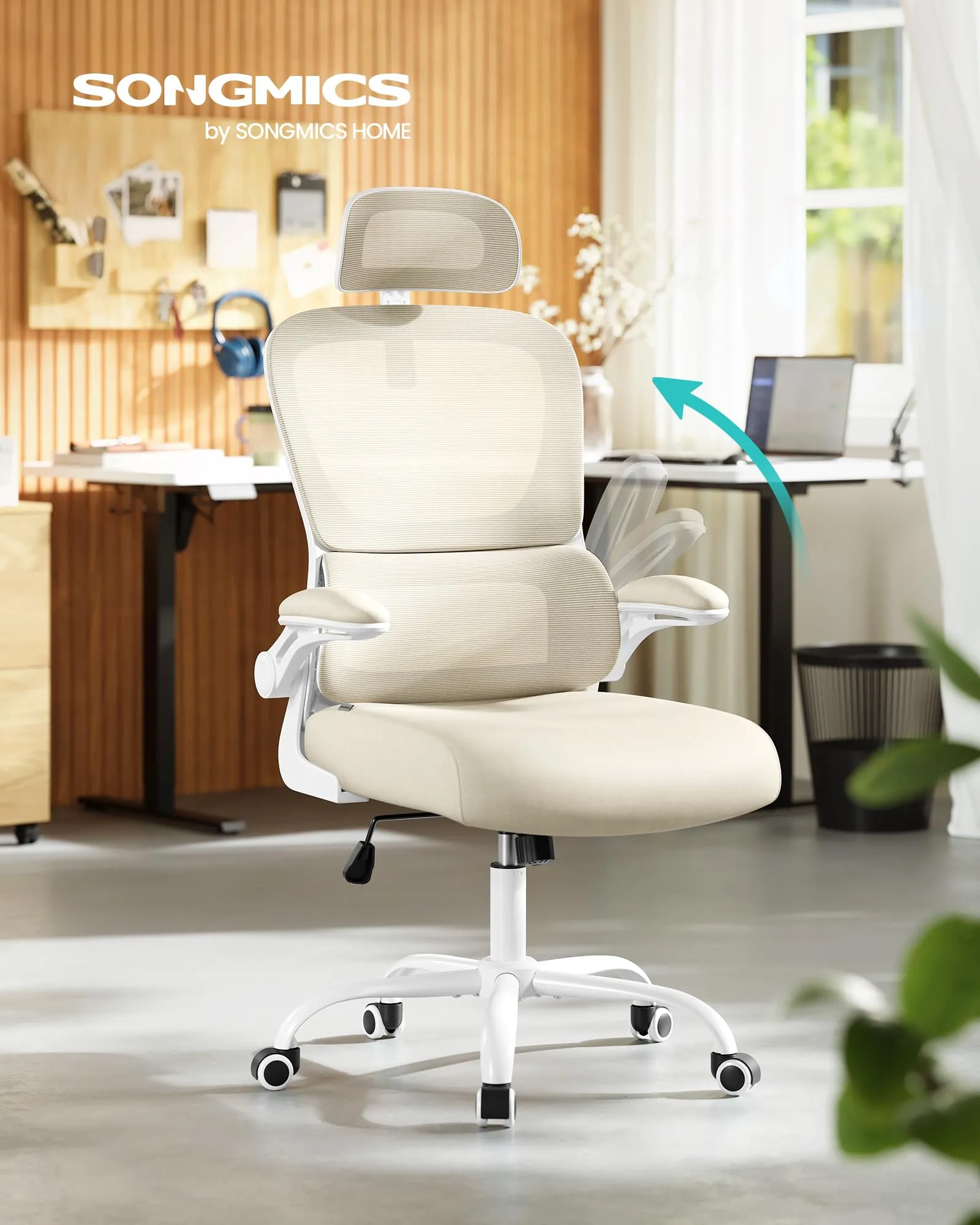 SONGMICS Sedia Ergonomica da Ufficio, Tessuto Rete a Doppio Strato, Braccioli Sollevabili, Supporto Lombare Adattabile, Poggiatesta Regolabile, Beige Sabbia OBN041L01 - immagine 2