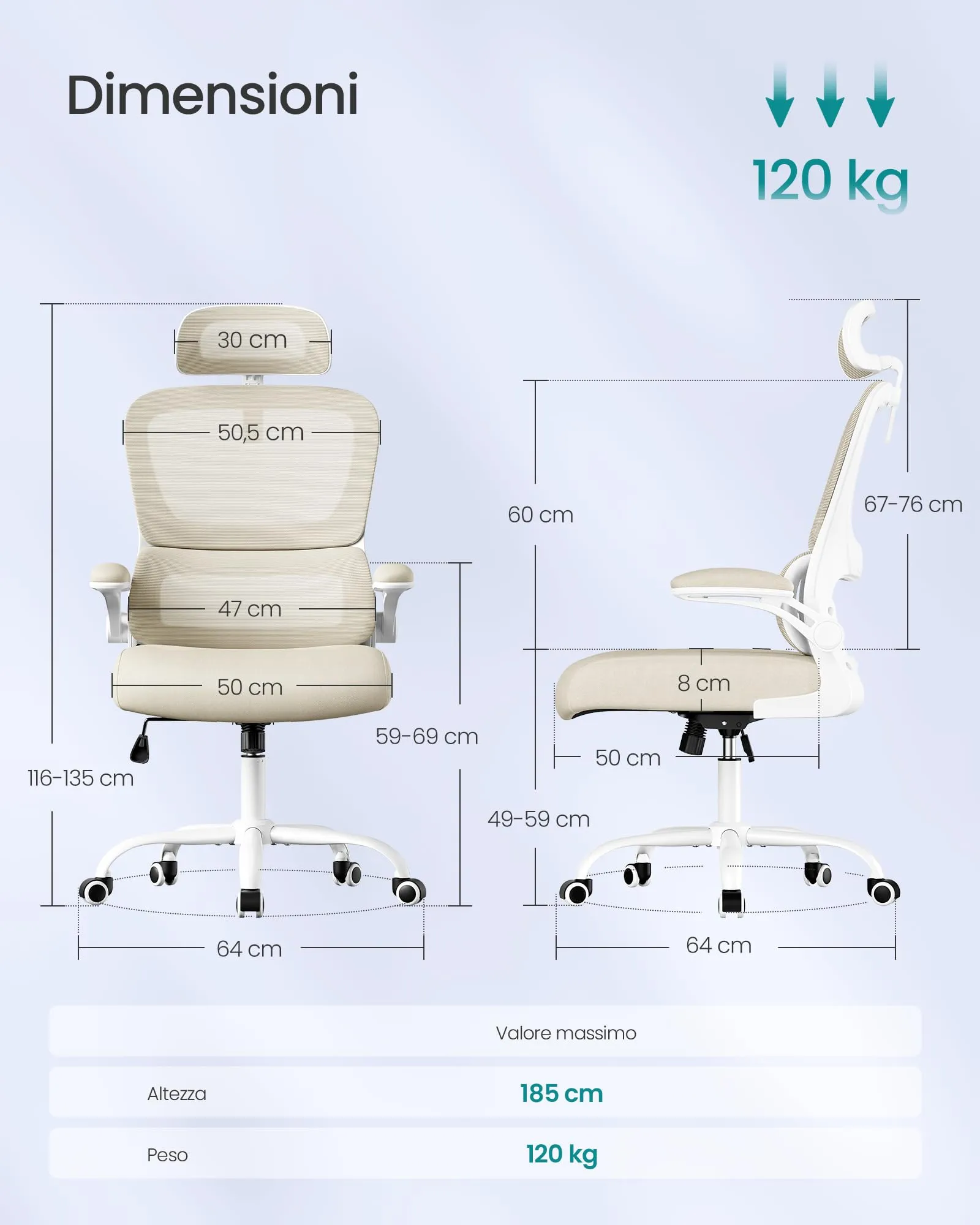 SONGMICS Sedia Ergonomica da Ufficio, Tessuto Rete a Doppio Strato, Braccioli Sollevabili, Supporto Lombare Adattabile, Poggiatesta Regolabile, Beige Sabbia OBN041L01 - immagine 3