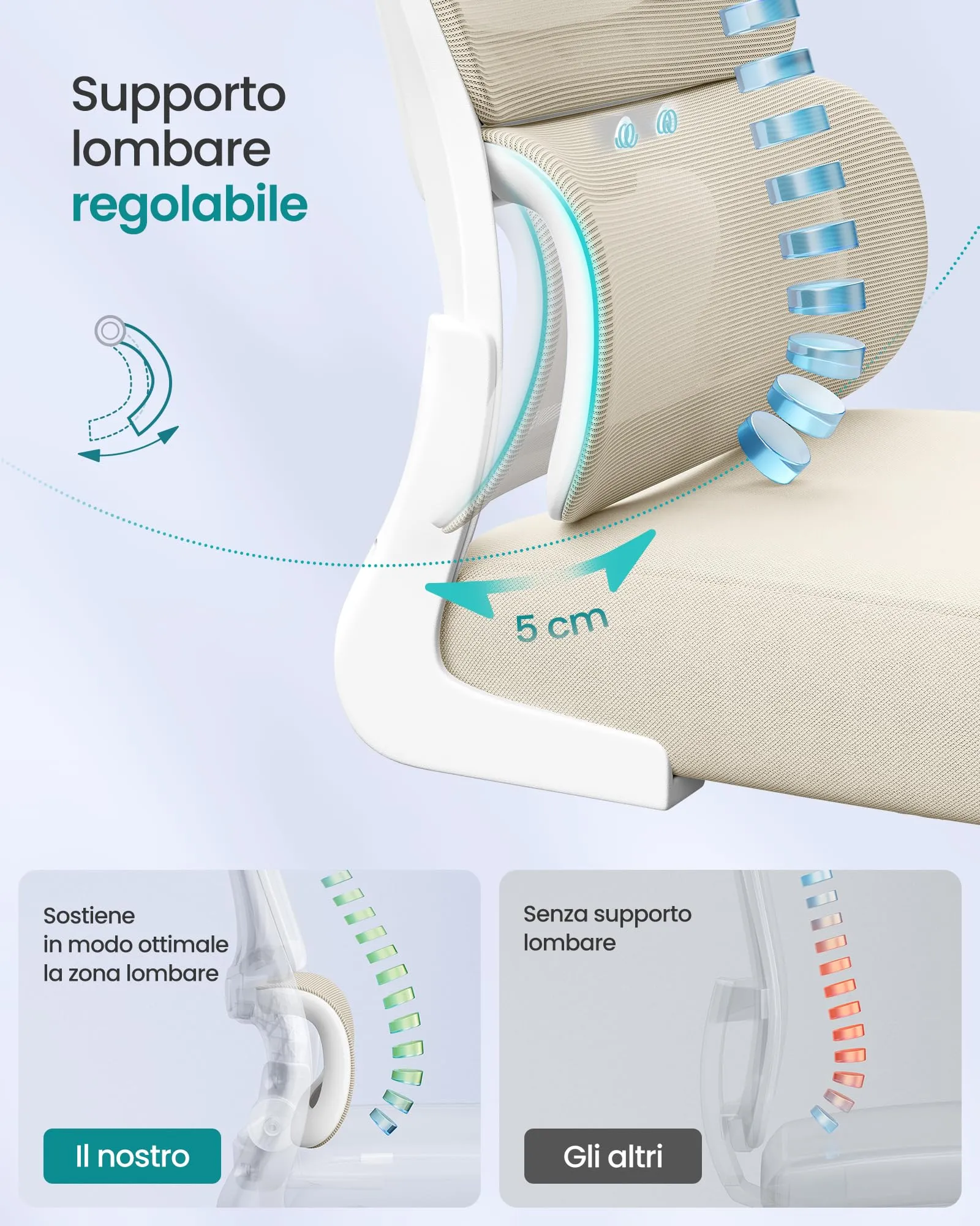 SONGMICS Sedia Ergonomica da Ufficio, Tessuto Rete a Doppio Strato, Braccioli Sollevabili, Supporto Lombare Adattabile, Poggiatesta Regolabile, Beige Sabbia OBN041L01 - immagine 4