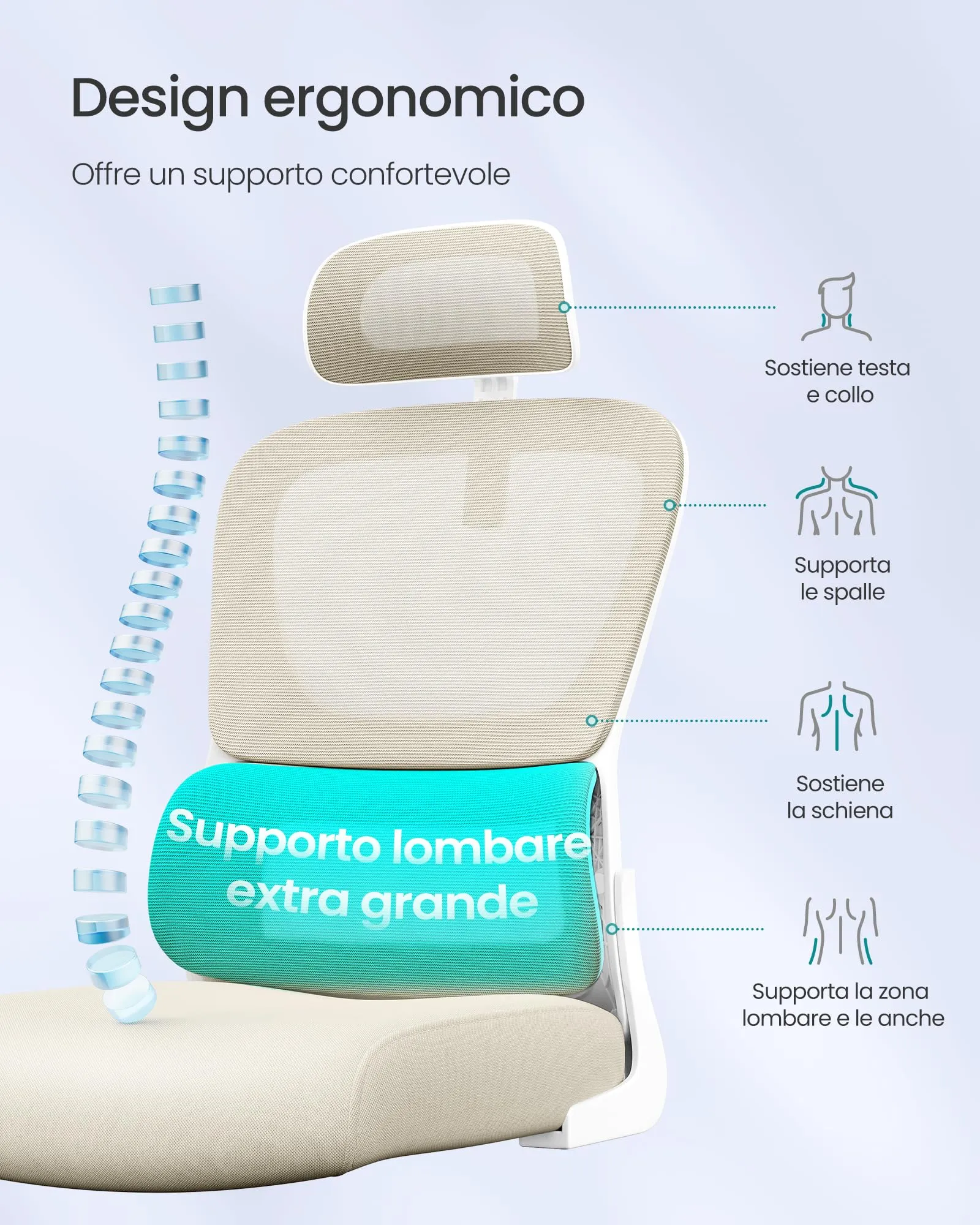 SONGMICS Sedia Ergonomica da Ufficio, Tessuto Rete a Doppio Strato, Braccioli Sollevabili, Supporto Lombare Adattabile, Poggiatesta Regolabile, Beige Sabbia OBN041L01 - immagine 5