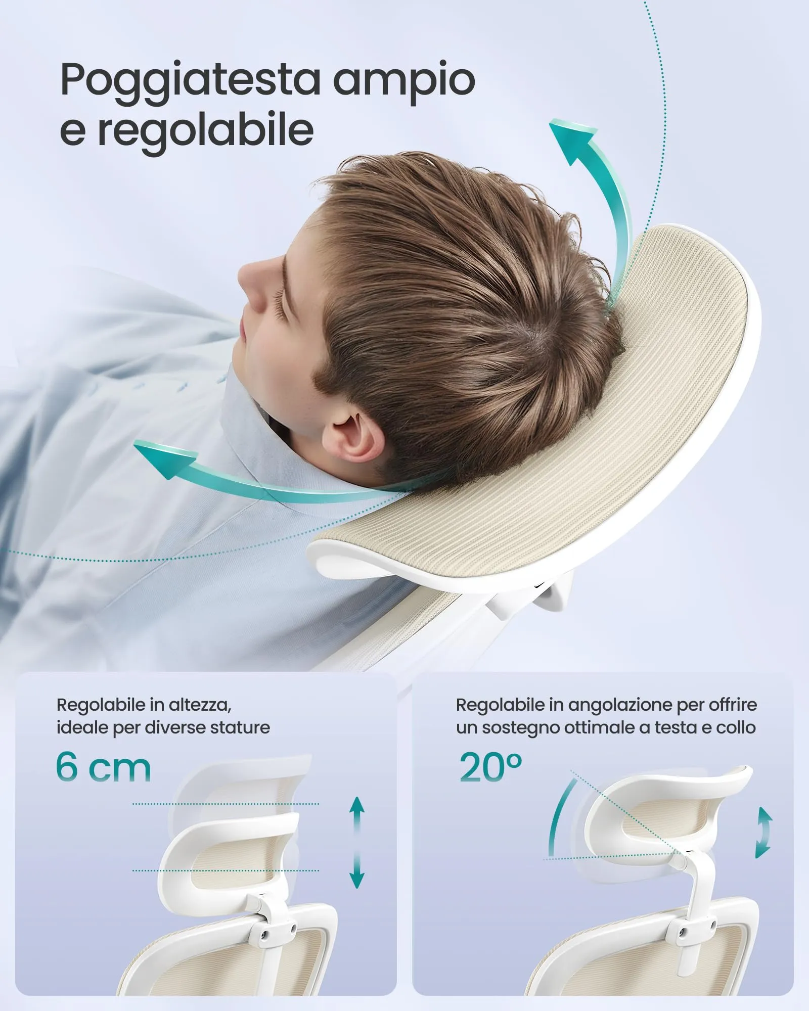 SONGMICS Sedia Ergonomica da Ufficio, Tessuto Rete a Doppio Strato, Braccioli Sollevabili, Supporto Lombare Adattabile, Poggiatesta Regolabile, Beige Sabbia OBN041L01 - immagine 7