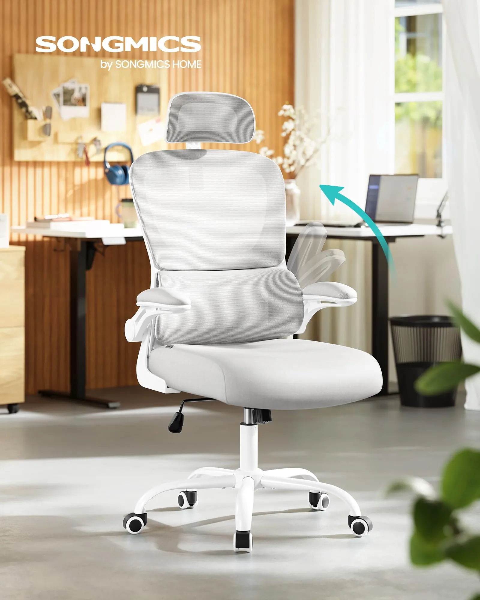 SONGMICS Sedia Ergonomica da Ufficio in Tessuto Rete, Braccioli Sollevabili, Supporto Lombare e Poggiatesta Regolabile, Grigio Tortora OBN041G01 - immagine 2