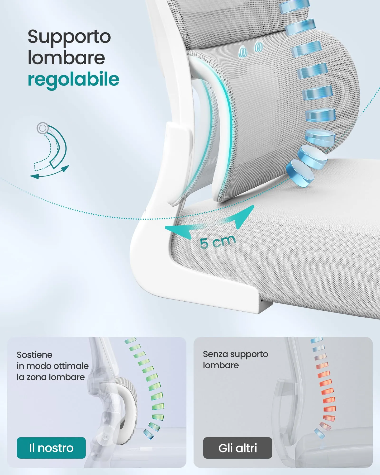 SONGMICS Sedia Ergonomica da Ufficio in Tessuto Rete, Braccioli Sollevabili, Supporto Lombare e Poggiatesta Regolabile, Grigio Tortora OBN041G01 - immagine 4