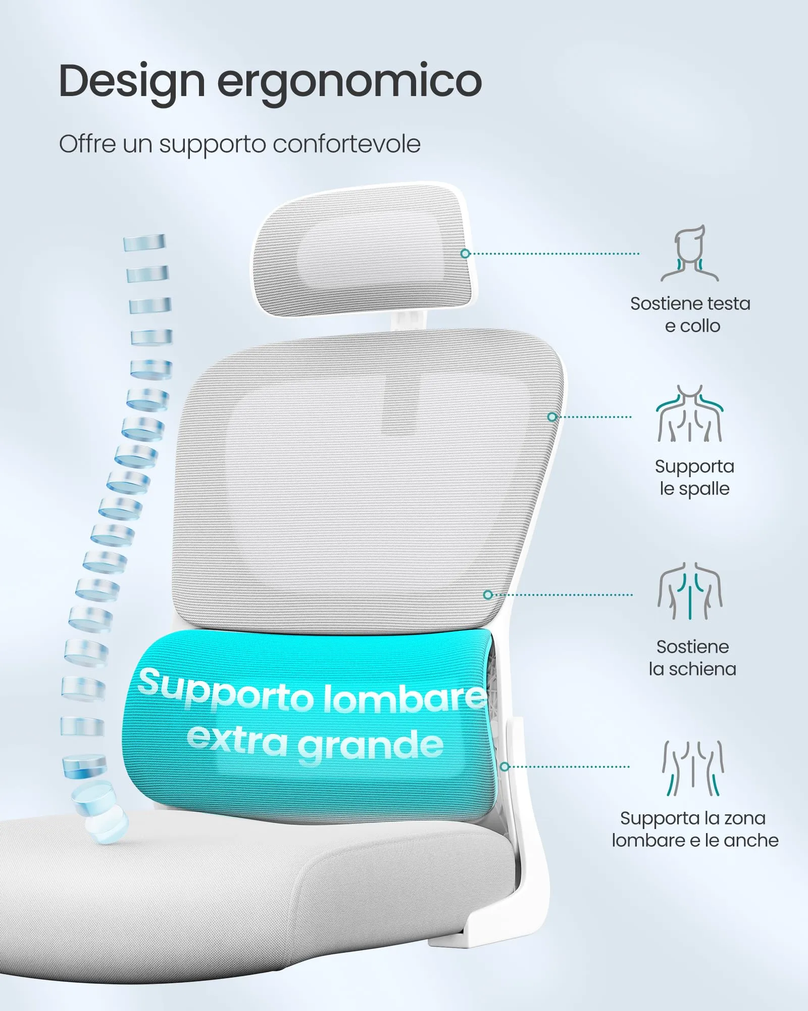 SONGMICS Sedia Ergonomica da Ufficio in Tessuto Rete, Braccioli Sollevabili, Supporto Lombare e Poggiatesta Regolabile, Grigio Tortora OBN041G01 - immagine 5