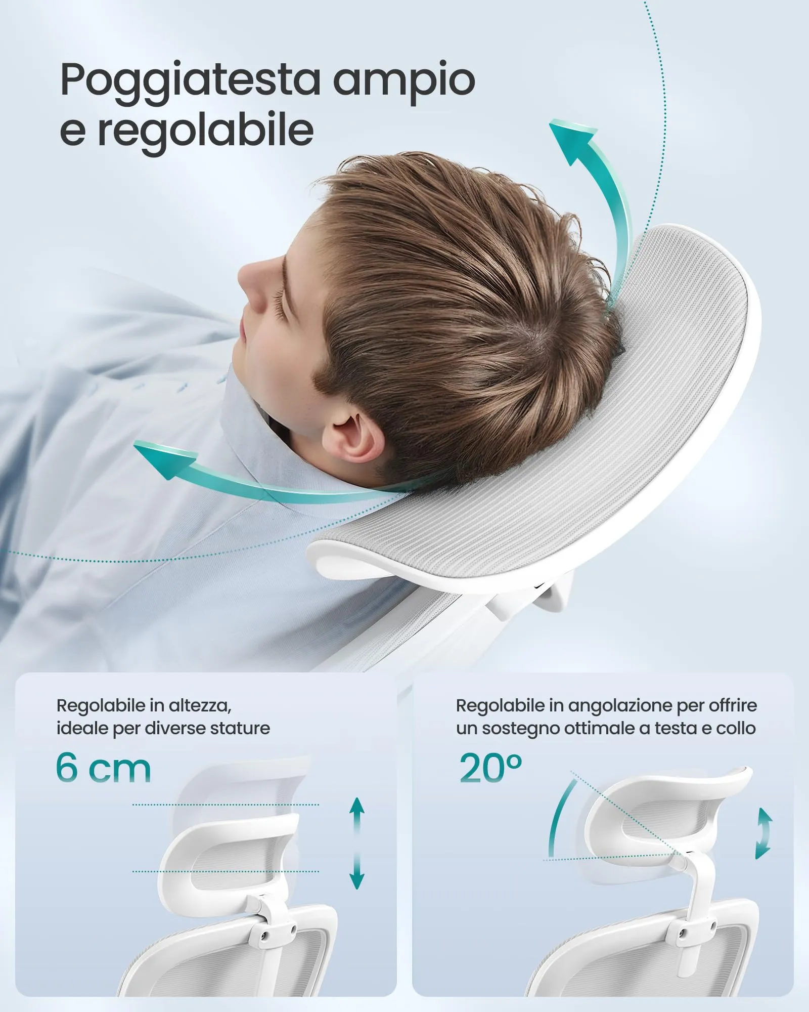 SONGMICS Sedia Ergonomica da Ufficio in Tessuto Rete, Braccioli Sollevabili, Supporto Lombare e Poggiatesta Regolabile, Grigio Tortora OBN041G01 - immagine 7