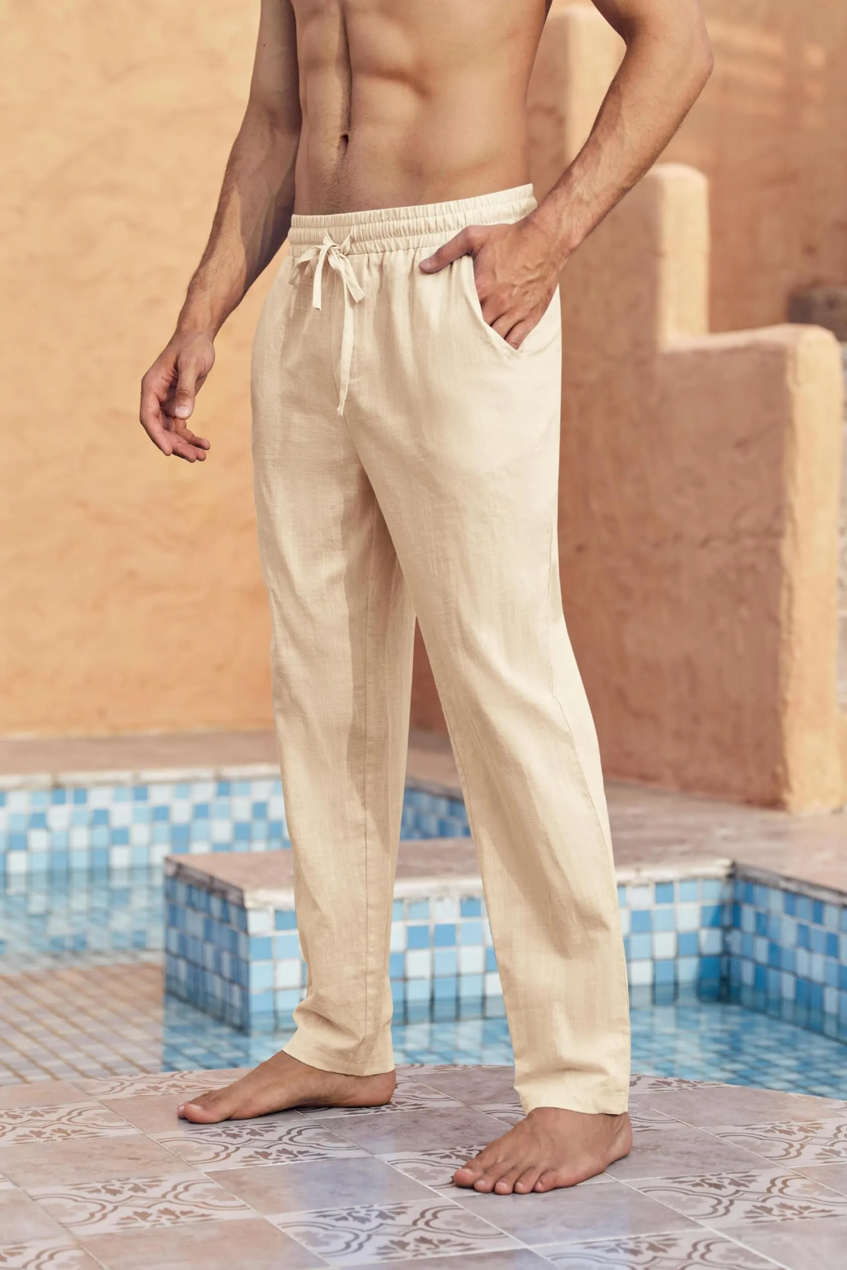 Runcati Pantaloni da Uomo in Lino e Cotone, Taglio Largo con Coulisse, Beige, 3XL - immagine 4