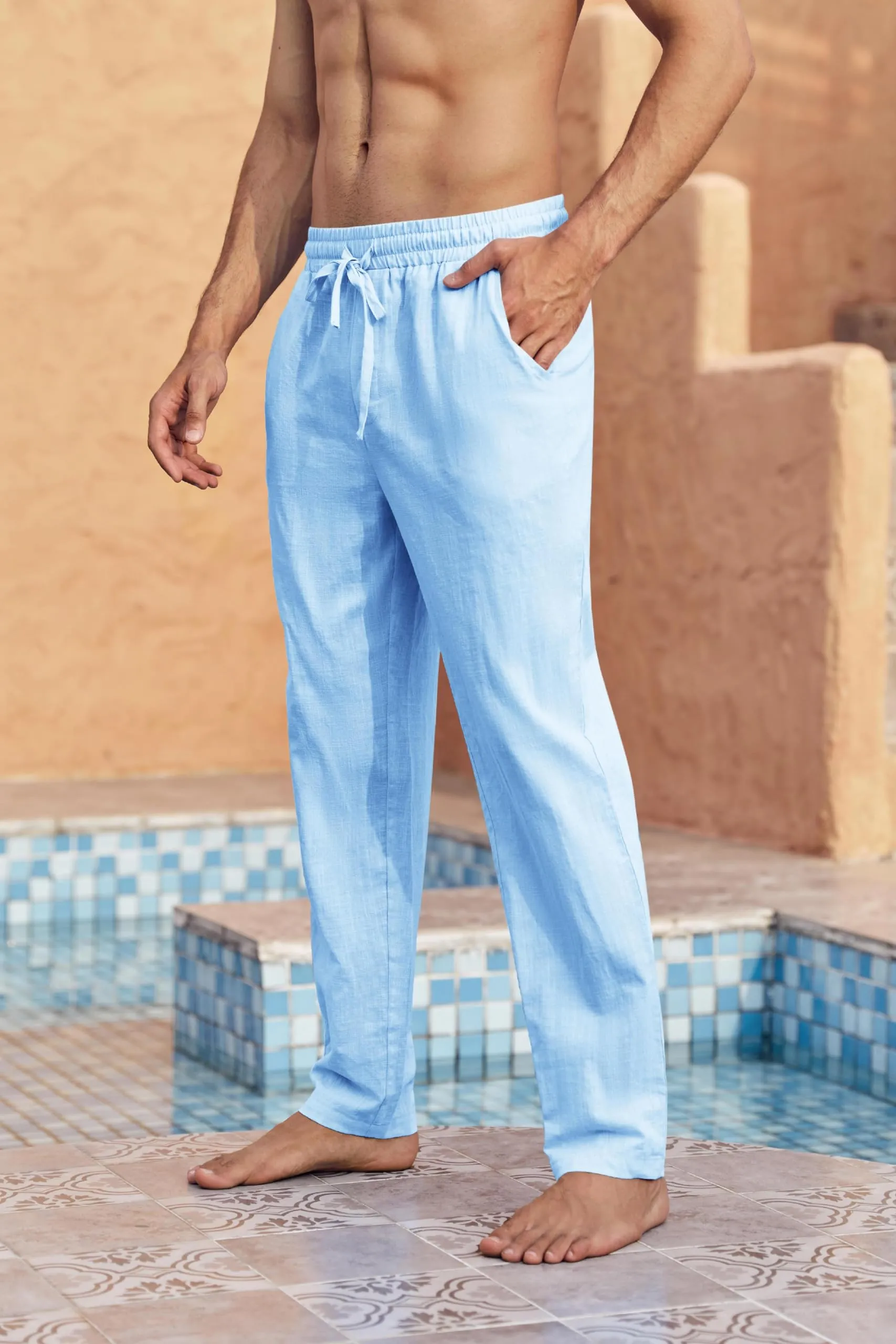 Runcati Pantaloni da Uomo in Lino e Cotone, Taglio Largo con Coulisse, Blu, 3XL - immagine 4