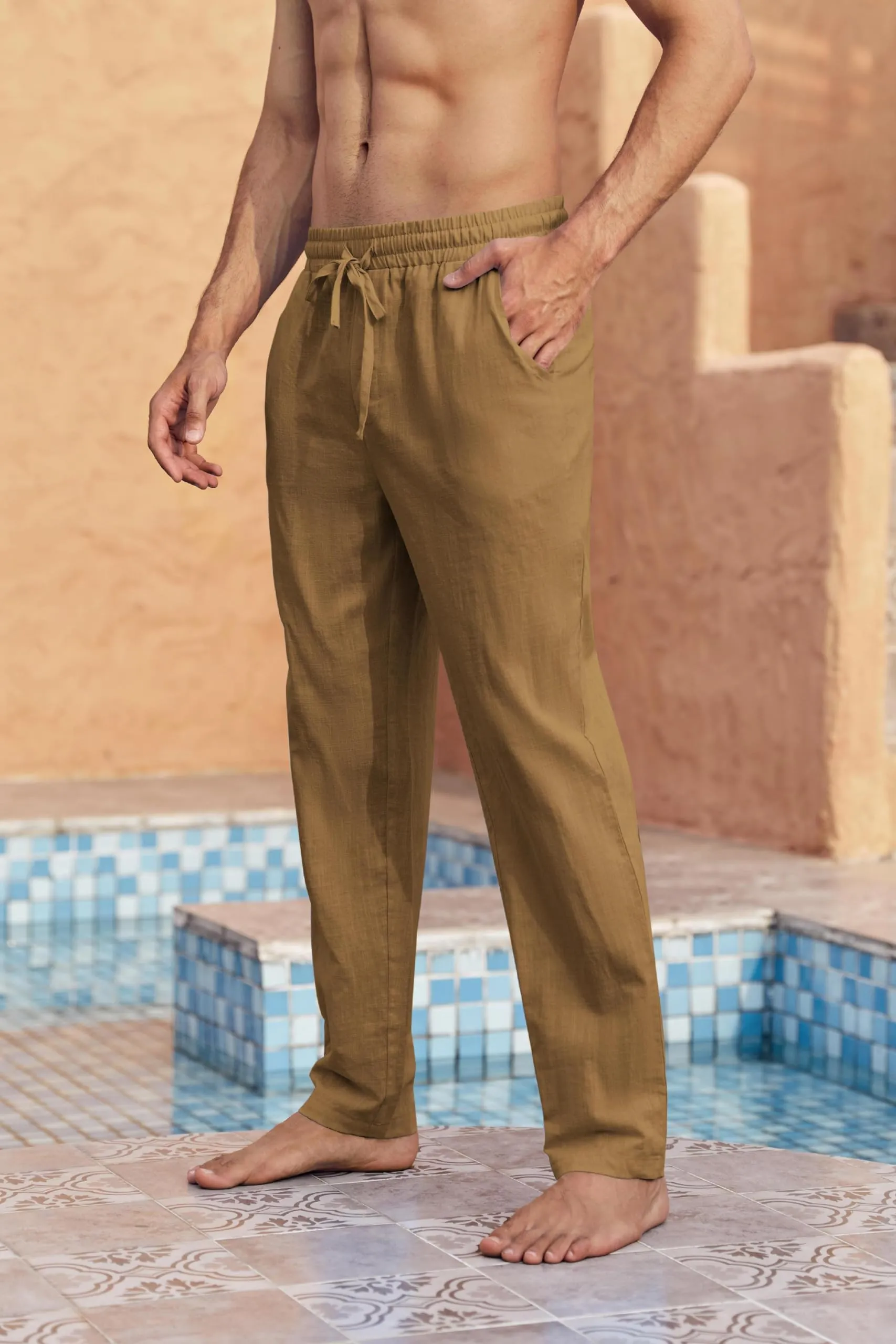 Runcati Pantaloni da Uomo in Lino e Cotone, Taglio Largo con Coulisse, Cachi, 3XL - immagine 4